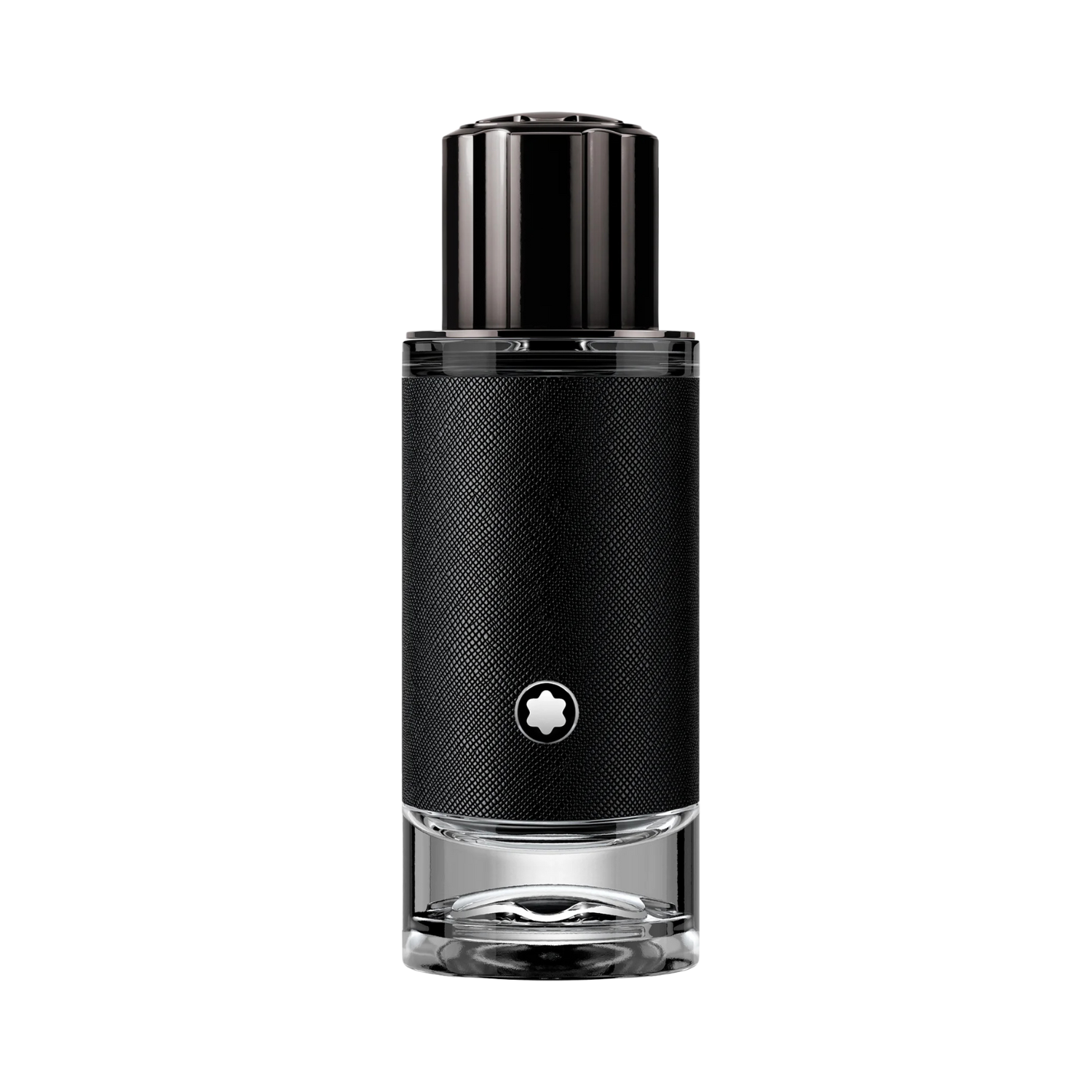 Frasco do perfume masculino Explorer Montblanc Eau de Parfum 30ml com design cilíndrico robusto, metade inferior em vidro transparente e metade superior revestida com couro sintético preto texturizado. O logo estrela Montblanc está no centro da parte preta. A tampa é preta e brilhante, com detalhes ranhurados.
