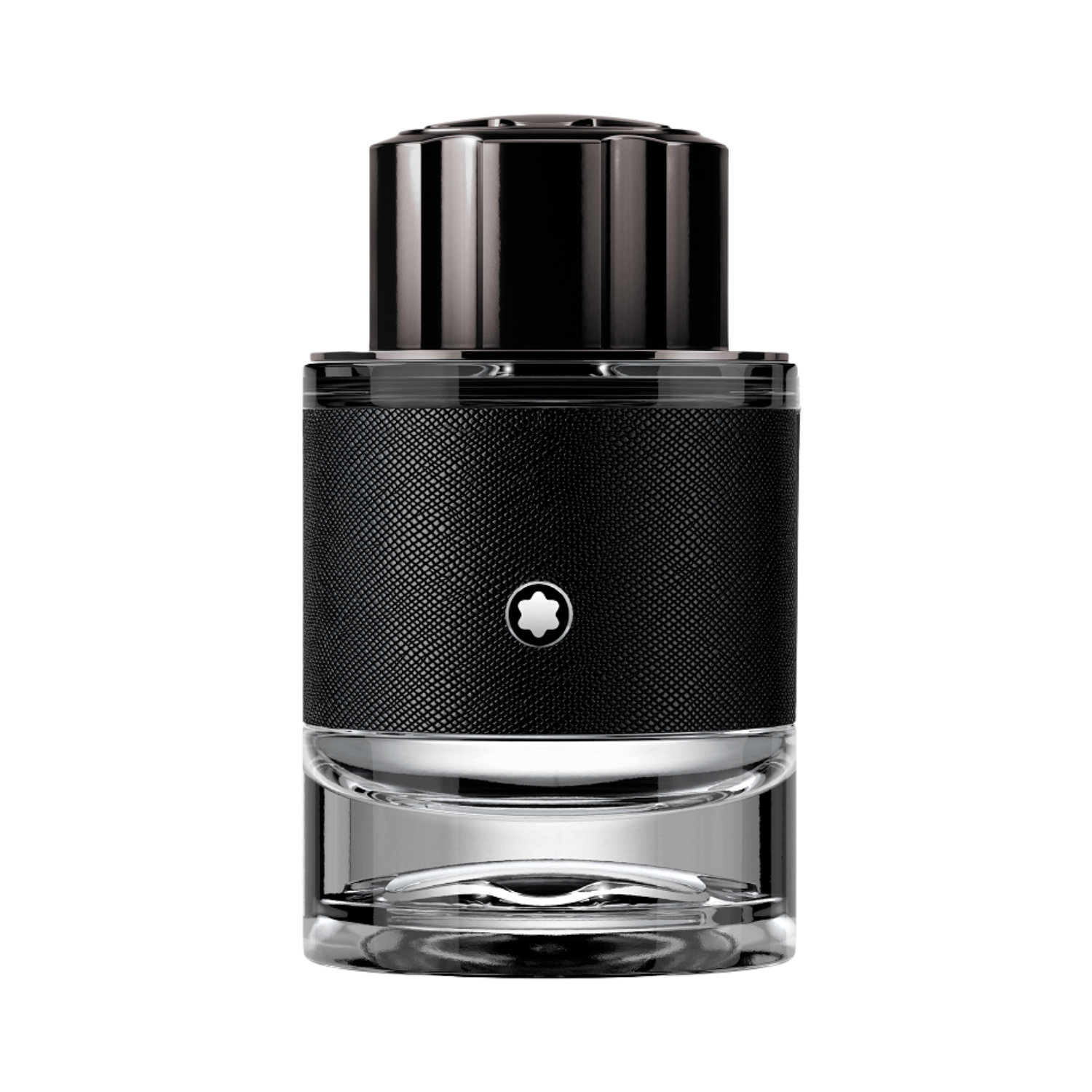 Frasco do perfume masculino Explorer Montblanc Eau de Parfum 60ml com design cilíndrico robusto, metade inferior em vidro transparente e metade superior revestida com couro sintético preto texturizado. O logo estrela Montblanc está no centro da parte preta. A tampa é preta e brilhante, com detalhes ranhurados.