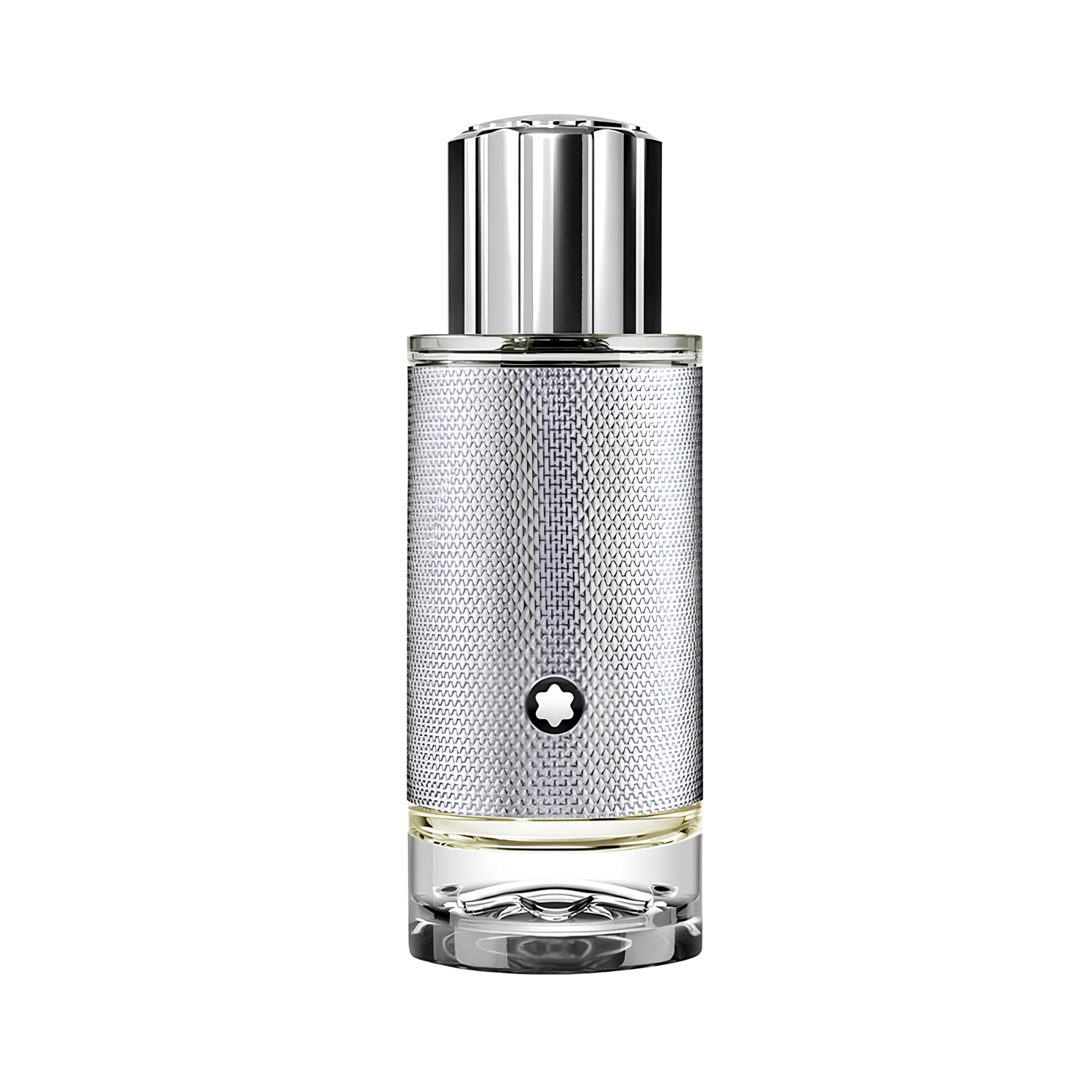 Frasco do perfume Montblanc Explorer Platinum 30ml com fundo transparente. O frasco é cilíndrico com acabamento metálico prateado texturizado e tampa cromada, exibindo o emblema da Montblanc centralizado.