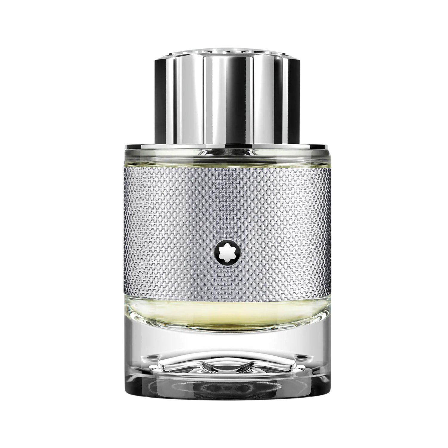 Frasco do perfume Montblanc Explorer Platinum 60ml com fundo transparente. O frasco é cilíndrico com acabamento metálico prateado texturizado e tampa cromada, exibindo o emblema da Montblanc centralizado.