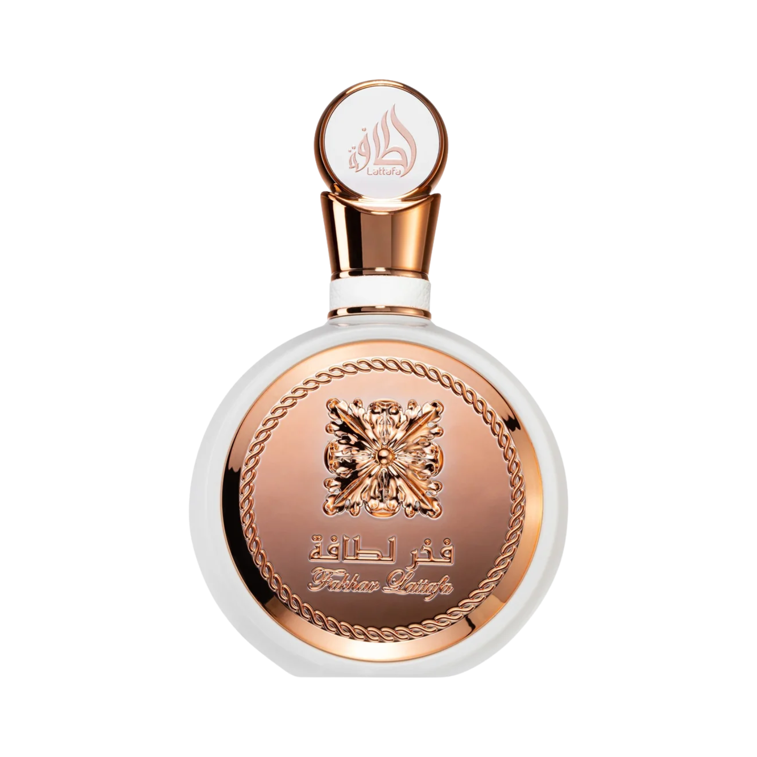 Frasco do perfume árabe feminino Fakhar Rose Lattafa Eau de Parfum, disponível na Velyre, com design arredondado branco, centro dourado com padrão ornamental em relevo e bordas em formato de corrente dourada. Tampa dourada esculpida com o nome 'Lattafa' gravado.