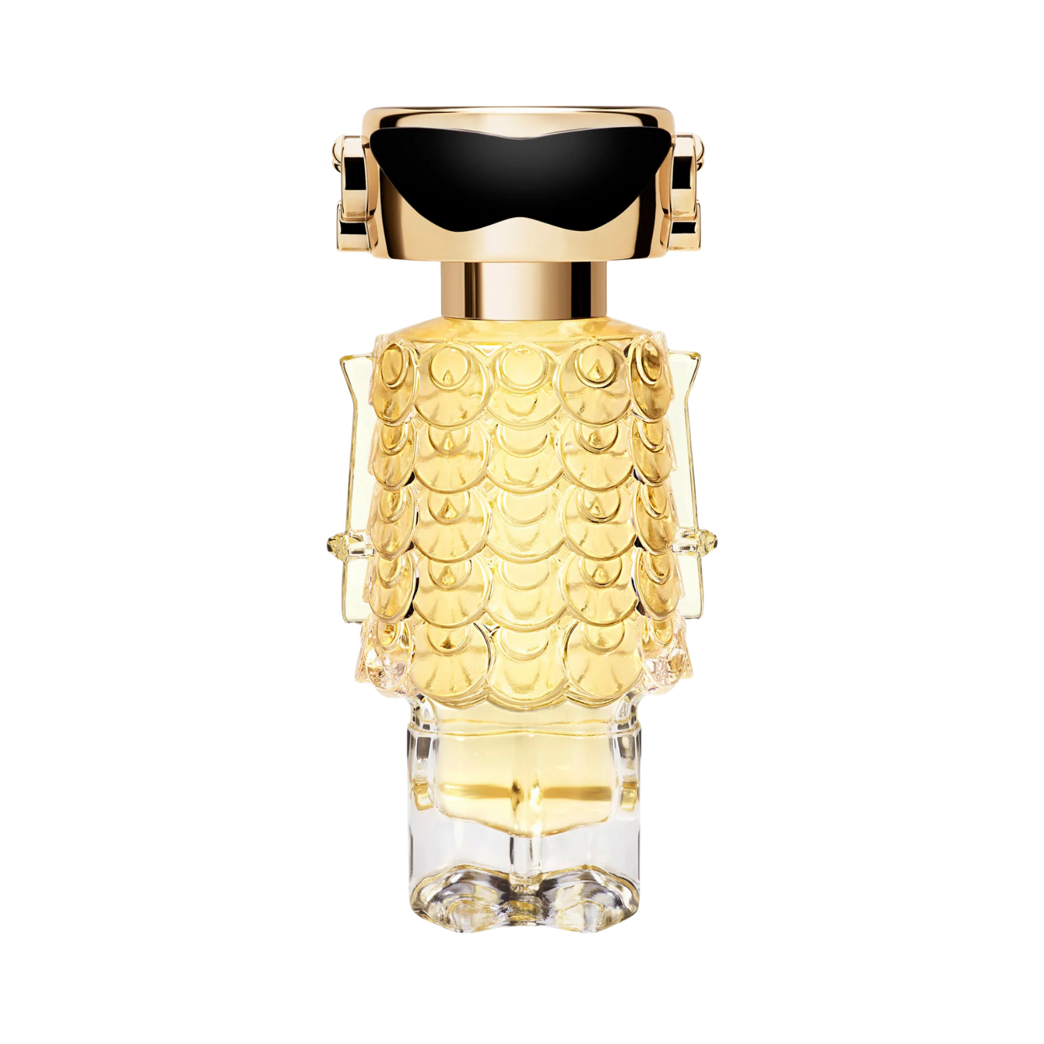 Frasco do perfume importado feminino Fame Rabanne Eau de Parfum com design inovador de robô dourado, corpo adornado com detalhes que remetem a uma cota de malha, cabeça com óculos escuros pretos e braços e pernas estilizados em vidro, disponível na Velyre.