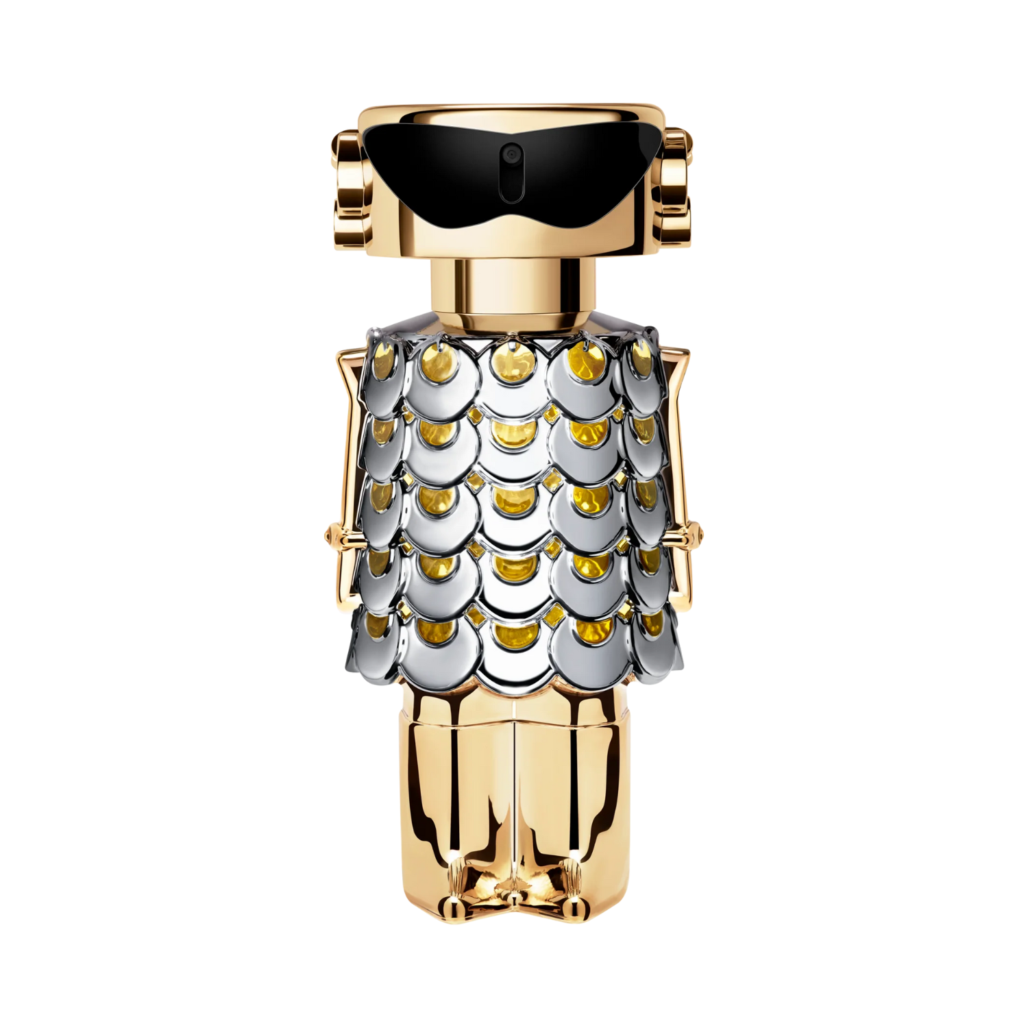 Frasco do perfume importado feminino Fame Rabanne Eau de Parfum com design inovador de robô dourado, corpo adornado com detalhes prateados que remetem a uma cota de malha, cabeça com óculos escuros pretos e braços e pernas estilizados em dourado, disponível na Velyre.