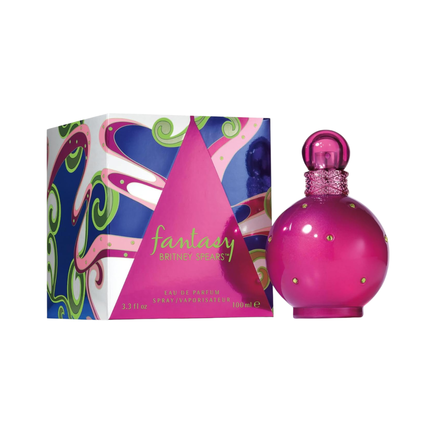 Perfume Fantasy de Britney Spears ao lado da embalagem. O frasco rosa está posicionado à direita, e a caixa colorida com detalhes em rosa, verde e azul aparece à esquerda, sobre fundo branco.