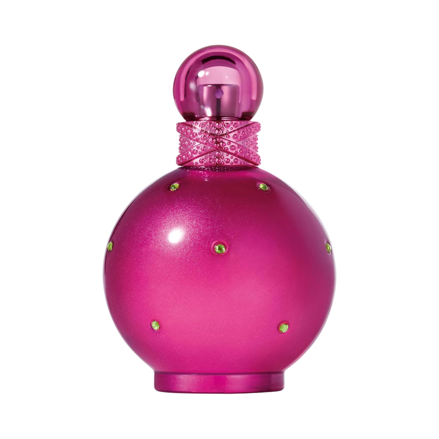 Frasco do perfume Fantasy de Britney Spears com fundo transparente. O frasco é rosa, redondo, com pedras verdes e tampa arredondada metálica, em destaque no centro da imagem.