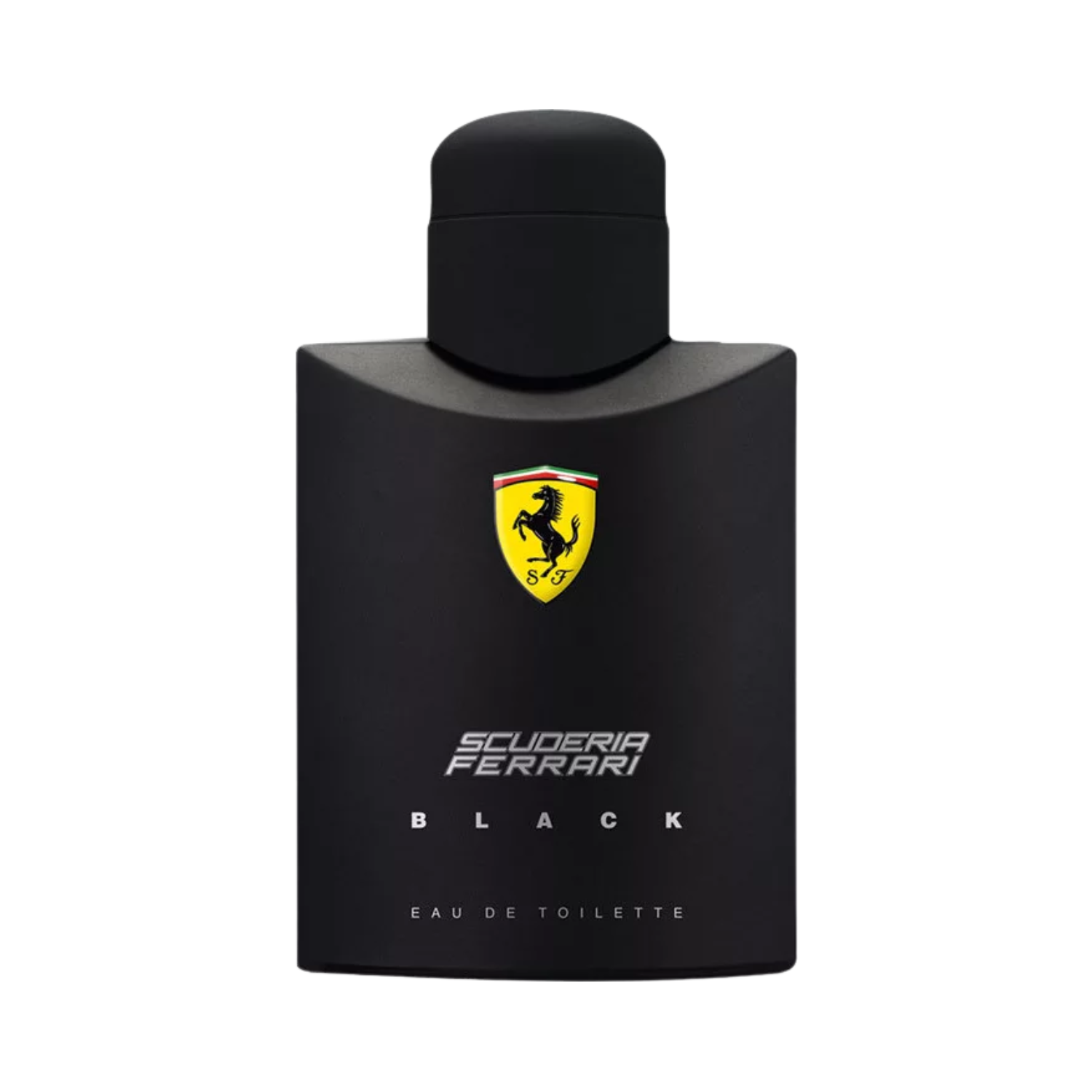 Frasco preto fosco do perfume Ferrari Scuderia Black com logotipo amarelo icônico da Ferrari ao centro, sobre fundo transparente.