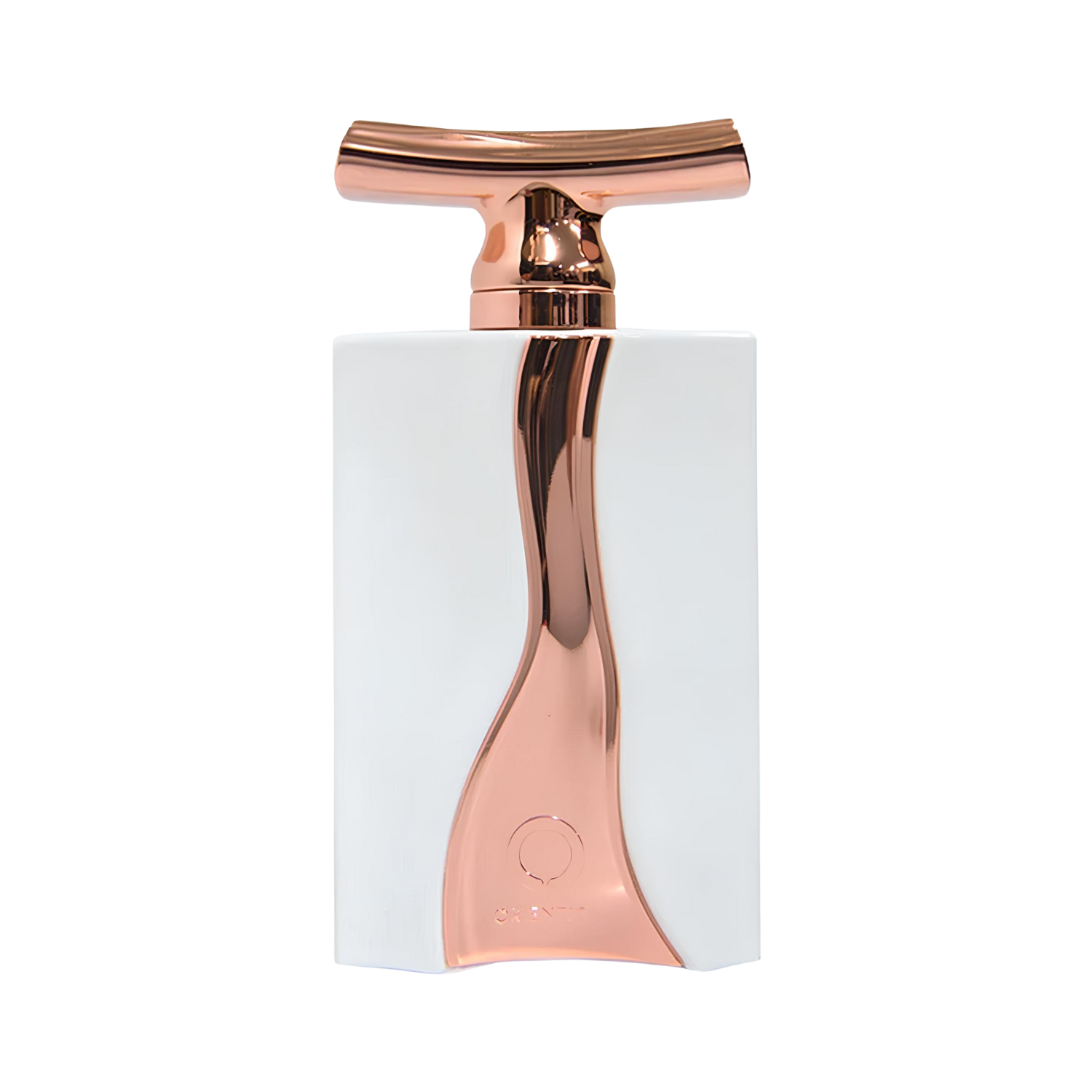 Frasco do perfume árabe feminino Fleur de Orientica Al Haramain Eau de Parfum, disponível na Velyre, com design retangular branco fosco, detalhe vertical orgânico em ouro rosé curvado e tampa em ouro rosé em formato de barra curvada. Nome 'Orientica' discretamente gravado na base do frasco.