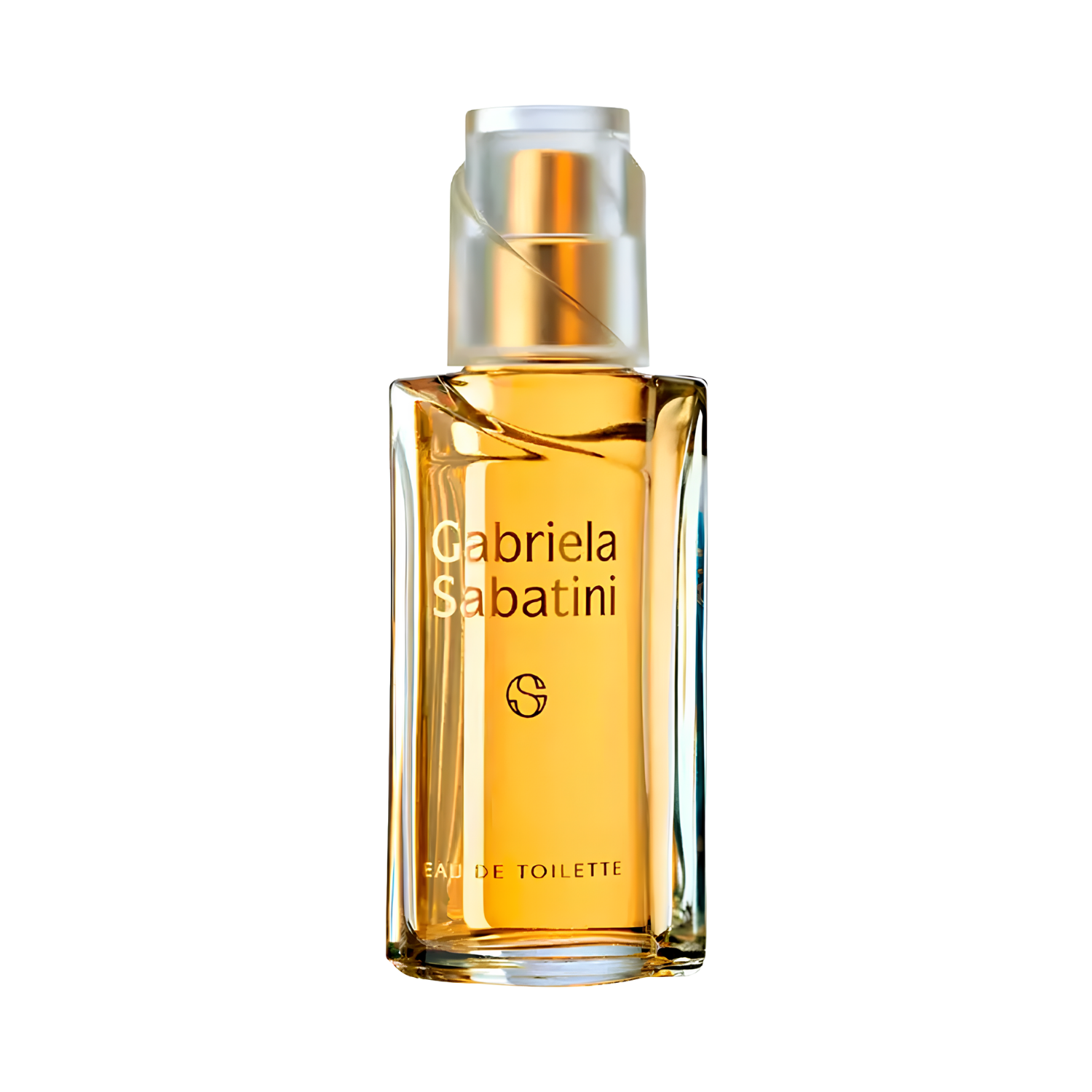 Frasco do perfume Gabriela Sabatini em destaque sobre fundo transparente. O frasco é retangular, com vidro transparente e líquido âmbar, e possui tampa dourada fosca com detalhe espiralado.