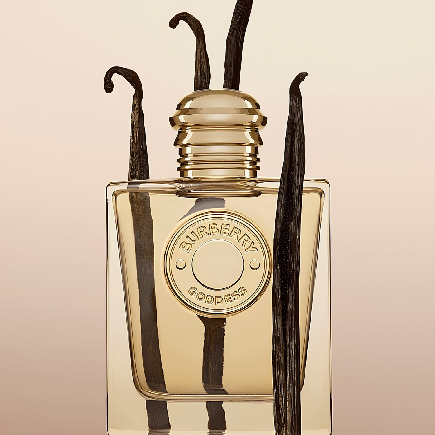 Frasco do perfume Burberry Goddess cercado por favas de baunilha. O fundo claro destaca os elementos naturais e o design elegante do frasco dourado.