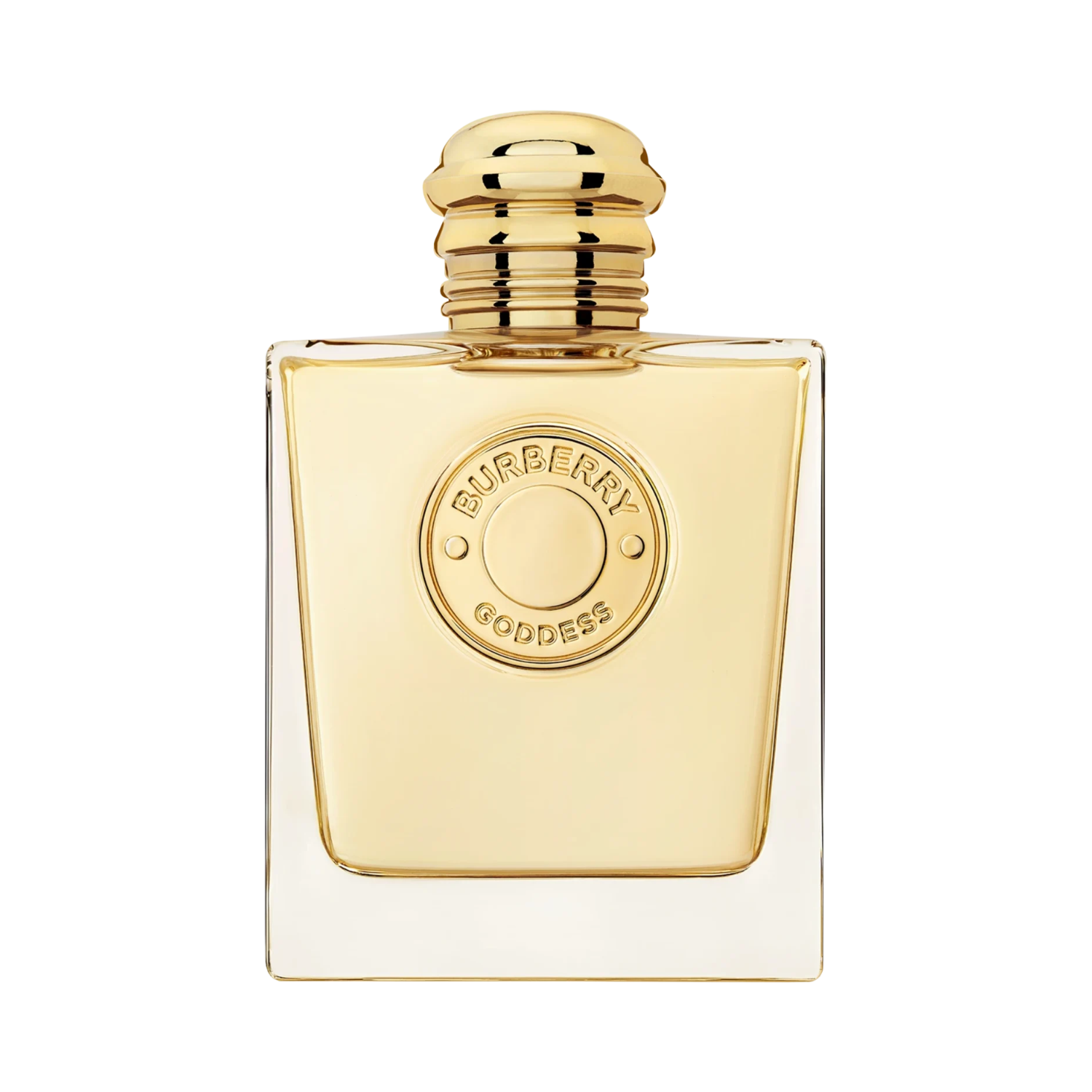 Frasco do perfume Burberry Goddess 100ml com fundo branco. O frasco quadrado em vidro transparente possui tampa dourada e selo metálico central com o nome da marca em relevo.