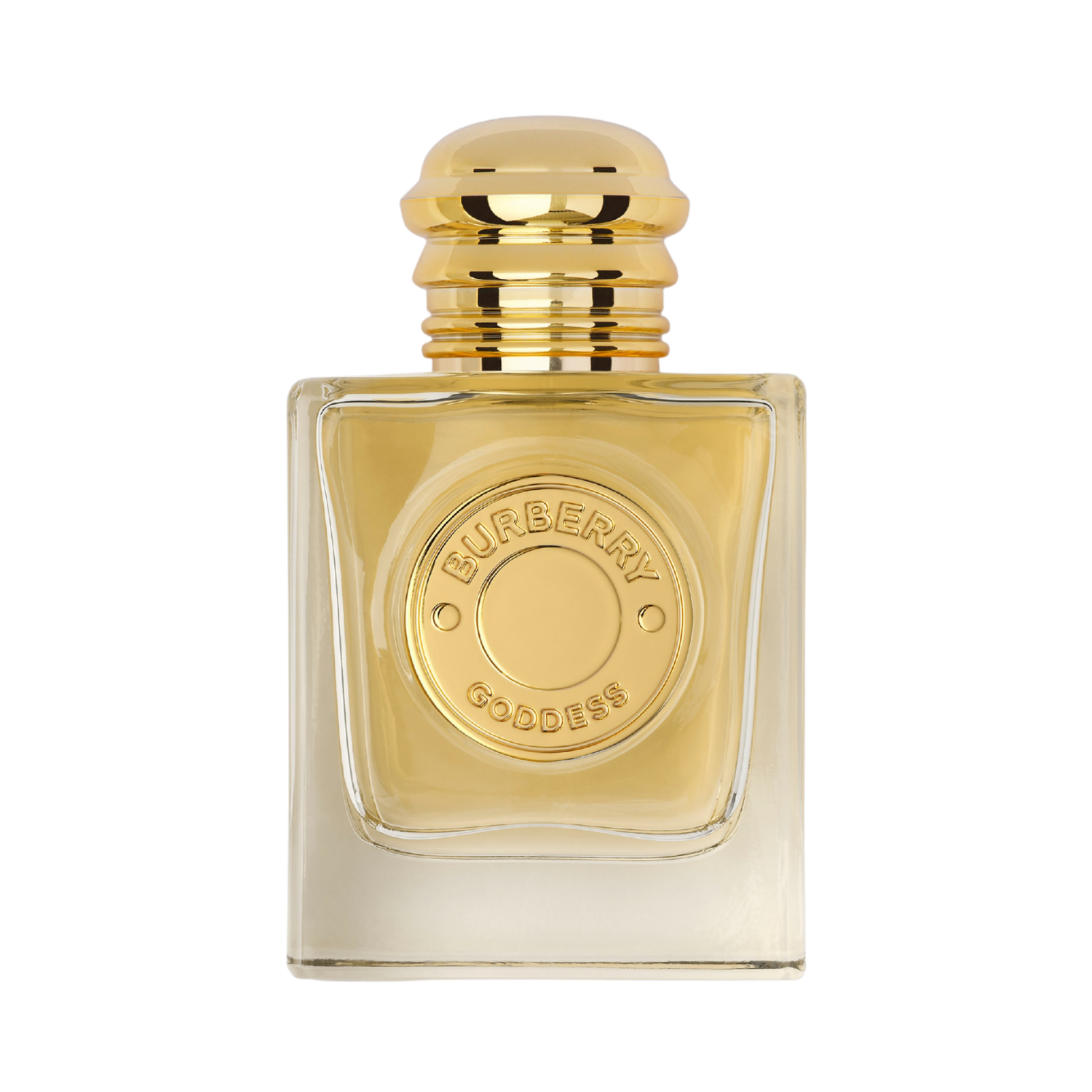 Frasco do perfume Burberry Goddess 50ml com fundo branco. O frasco quadrado em vidro transparente possui tampa dourada e selo metálico central com o nome da marca em relevo.