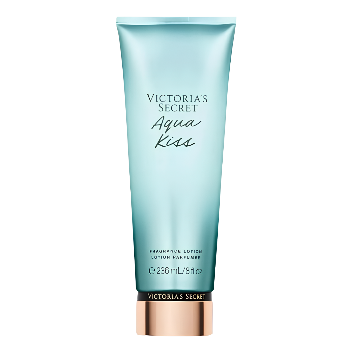 Tubo do hidratante perfumado importado Aqua Kiss Victoria's Secret em tom azul claro translúcido degradê para branco, com o nome "VICTORIA'S SECRET Aqua Kiss" em tipografia elegante. A base do tubo é dourada com a marca "VICTORIA'S SECRET" visível. Contém "FRAGRANCE LOTION LOTION PARFUMÉE 236 mL / 8 fl oz", disponível na Velyre.