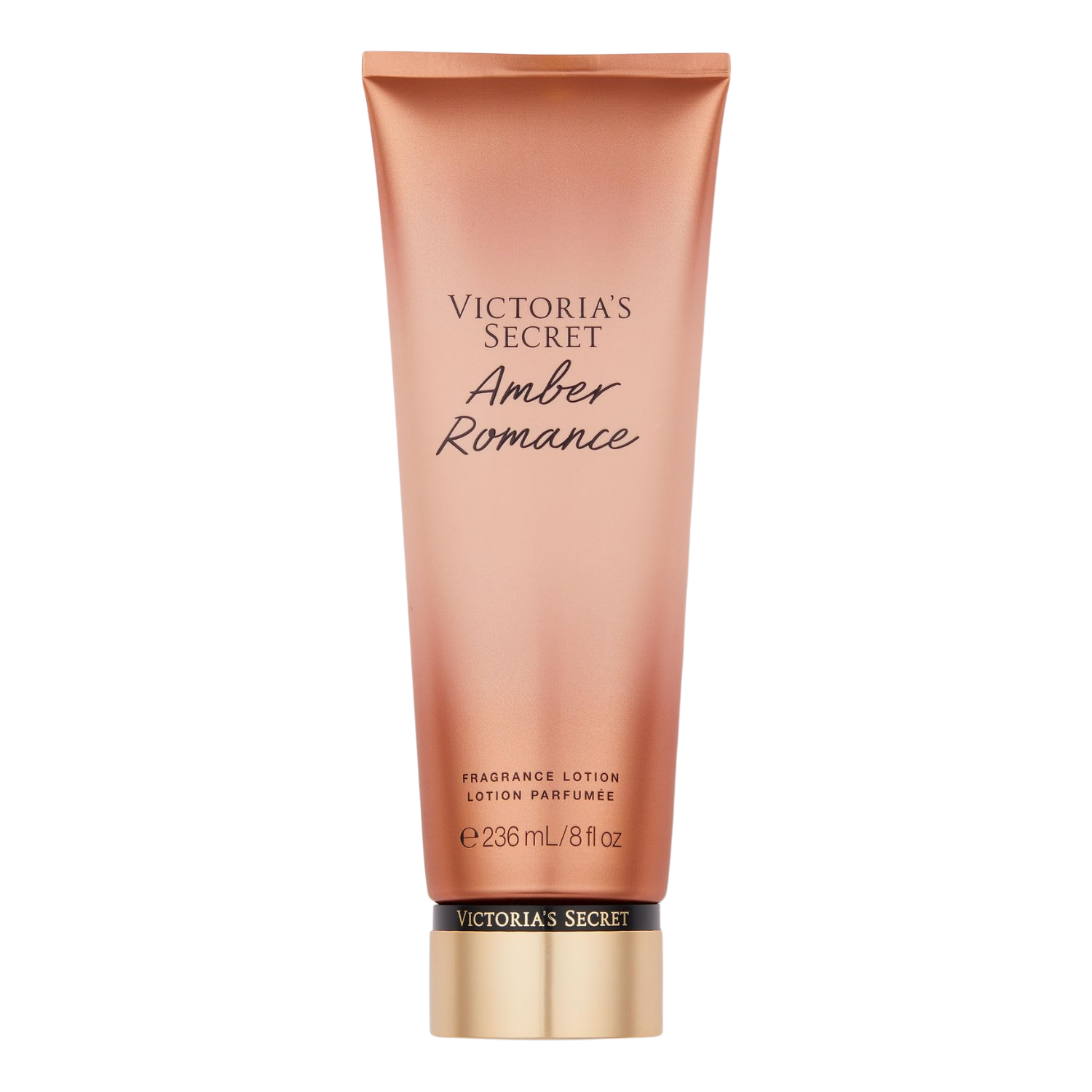 Tubo do hidratante perfumado importado Amber Romance Victoria's Secret em tom âmbar-rosado degradê para ocre, com o nome "VICTORIA'S SECRET Amber Romance" em tipografia elegante. A base do tubo é dourada com a marca "VICTORIA'S SECRET" visível. Contém "FRAGRANCE LOTION LOTION PARFUMÉE 236 mL / 8 fl oz", disponível na Velyre.