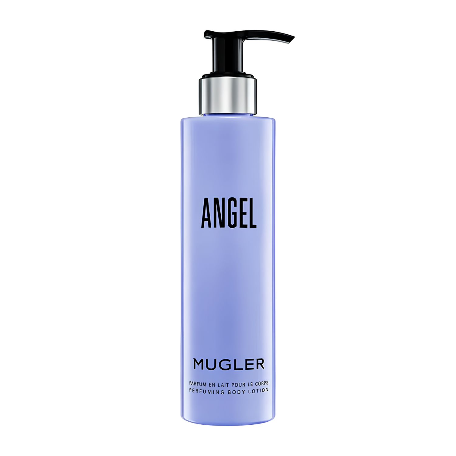 Frasco do hidratante perfumado Angel Mugler com design retangular em tom azul lavanda translúcido, com o nome "ANGEL" e "MUGLER" em letras pretas. Possui uma bomba dispensadora preta com acabamento metálico prateado no gargalo, e a descrição "PARFUM EN LAIT POUR LE CORPS PERFUMING BODY LOTION" na base.