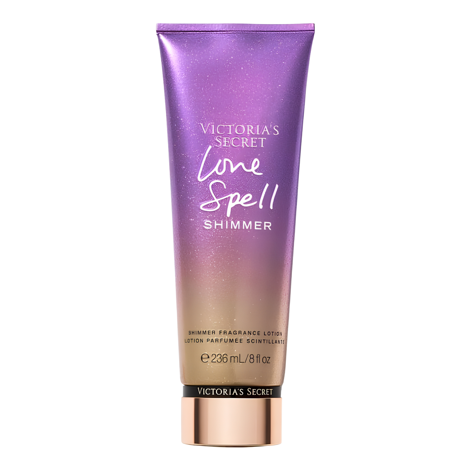 Tubo do hidratante perfumado importado Love Spell Shimmer Victoria's Secret em tom roxo degradê para dourado, com efeito de brilho cintilante. O nome "VICTORIA'S SECRET Love Spell SHIMMER" em tipografia elegante. A base do tubo é dourada com a marca "VICTORIA'S SECRET" visível. Contém "SHIMMER FRAGRANCE LOTION LOTION PARFUMÉE SCINTILLANTE 236 mL / 8 fl oz", disponível na Velyre.