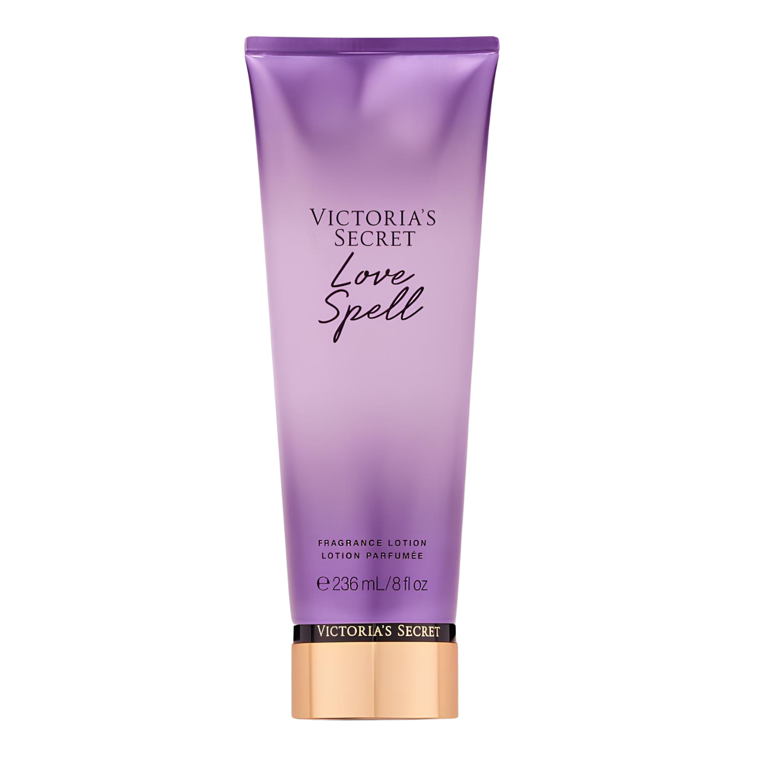 Tubo do hidratante perfumado importado Love Spell Victoria's Secret em tom roxo degradê para lilás claro, com o nome "VICTORIA'S SECRET Love Spell" em tipografia elegante. A base do tubo é dourada com a marca "VICTORIA'S SECRET" visível. Contém "FRAGRANCE LOTION LOTION PARFUMÉE 236 mL / 8 fl oz", disponível na Velyre.