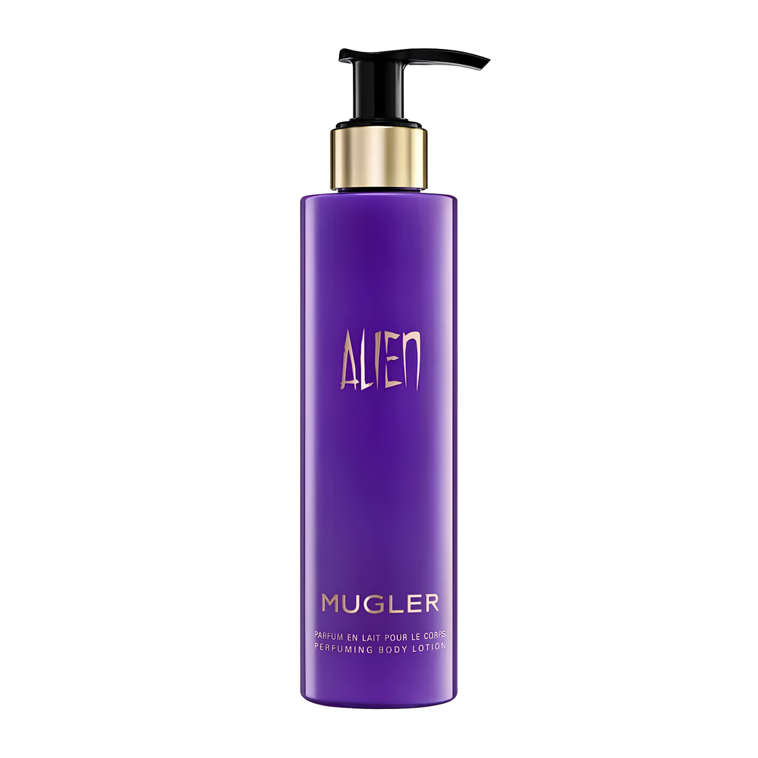 Frasco do hidratante perfumado Alien Mugler com design retangular em tom roxo vibrante, com o nome "ALIEN" e "MUGLER" em letras douradas. Possui uma bomba dispensadora preta com acabamento dourado no gargalo, e a descrição "PARFUM EN LAIT POUR LE CORPS PERFUMING BODY LOTION".