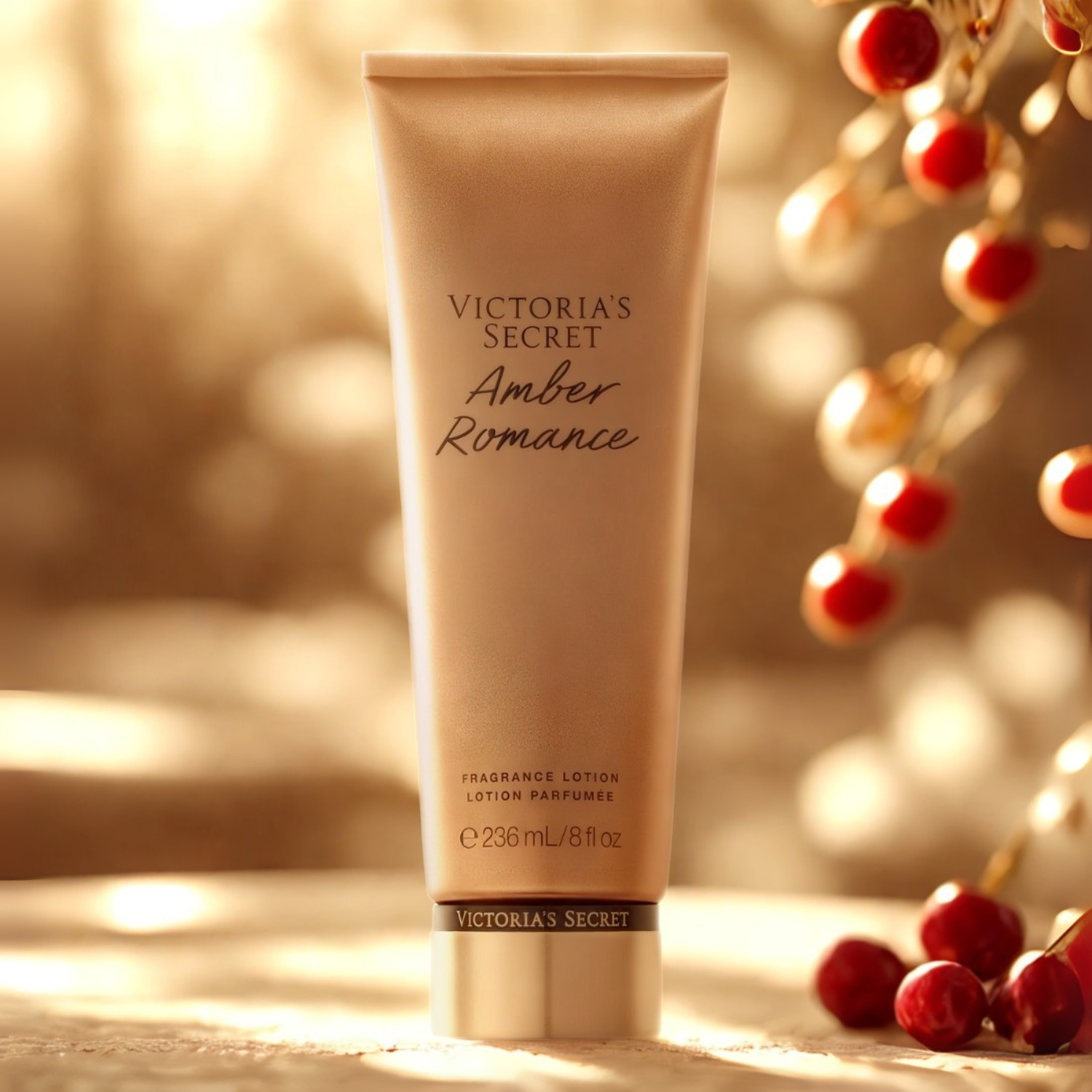 Tubo do hidratante perfumado importado Amber Romance Victoria's Secret em destaque sobre uma superfície clara, com galhos e bagas vermelhas brilhantes ao fundo, evocando uma fragrância quente e sensual, disponível na Velyre.