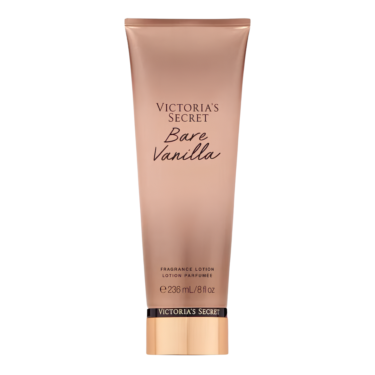Tubo do hidratante perfumado importado Bare Vanilla Victoria's Secret em tom nude-rosado, com o nome "VICTORIA'S SECRET Bare Vanilla" em tipografia elegante. A base do tubo é dourada com a marca "VICTORIA'S SECRET" visível. Contém "FRAGRANCE LOTION LOTION PARFUMÉE 236 mL / 8 fl oz", disponível na Velyre.