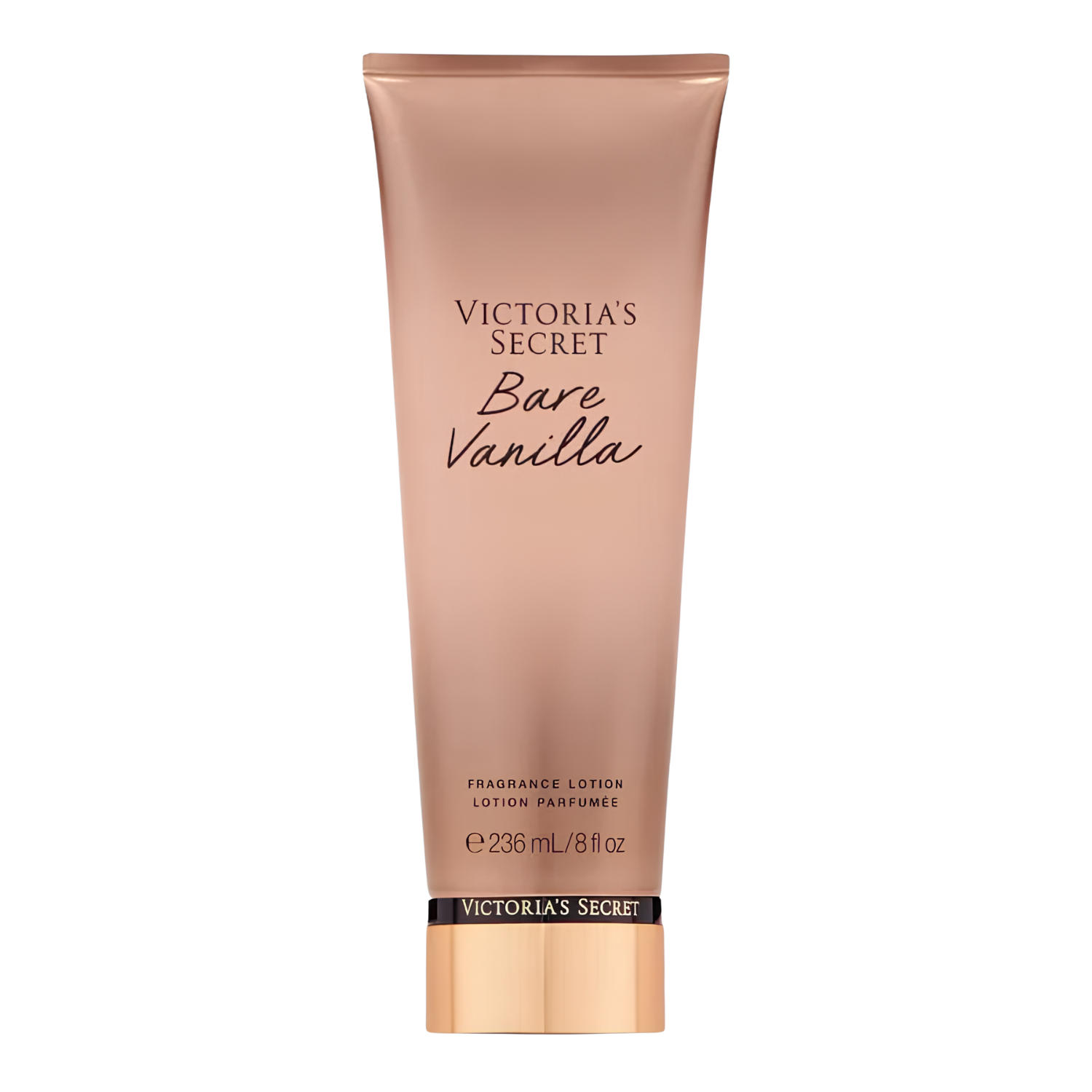 Tubo do hidratante perfumado importado Bare Vanilla Victoria's Secret em tom nude-rosado, com o nome "VICTORIA'S SECRET Bare Vanilla" em tipografia elegante. A base do tubo é dourada com a marca "VICTORIA'S SECRET" visível. Contém "FRAGRANCE LOTION LOTION PARFUMÉE 236 mL / 8 fl oz", disponível na Velyre.