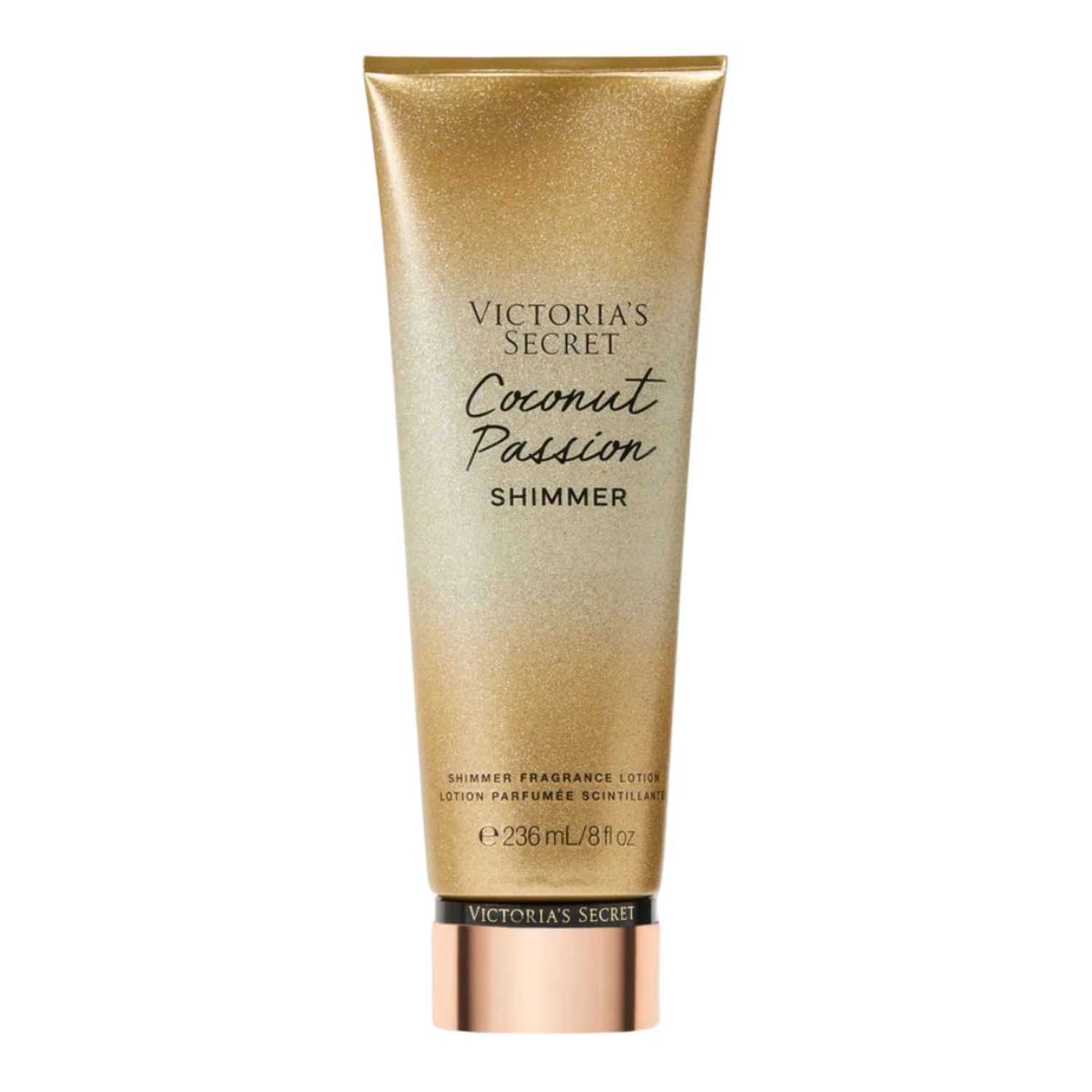 Tubo do hidratante perfumado importado Coconut Passion Shimmer Victoria's Secret em tom dourado com brilho cintilante, com o nome "VICTORIA'S SECRET Coconut Passion SHIMMER" em tipografia elegante. A base do tubo é rose gold com a marca "VICTORIA'S SECRET" visível. Contém "SHIMMER FRAGRANCE LOTION LOTION PARFUMÉE SCINTILLANTE 236 mL / 8 fl oz", disponível na Velyre.