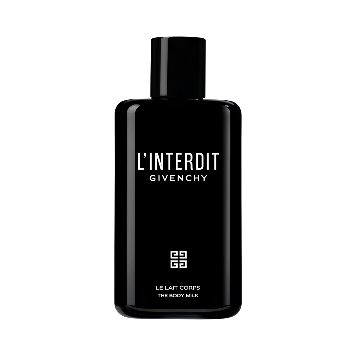 Frasco do hidratante perfumado L'Interdit Givenchy com design retangular em preto fosco, com o nome "L'INTERDIT GIVENCHY" e o logo "4G" em branco. A tampa é preta e cilíndrica. Abaixo do logo, está a descrição "LE LAIT CORPS THE BODY MILK".