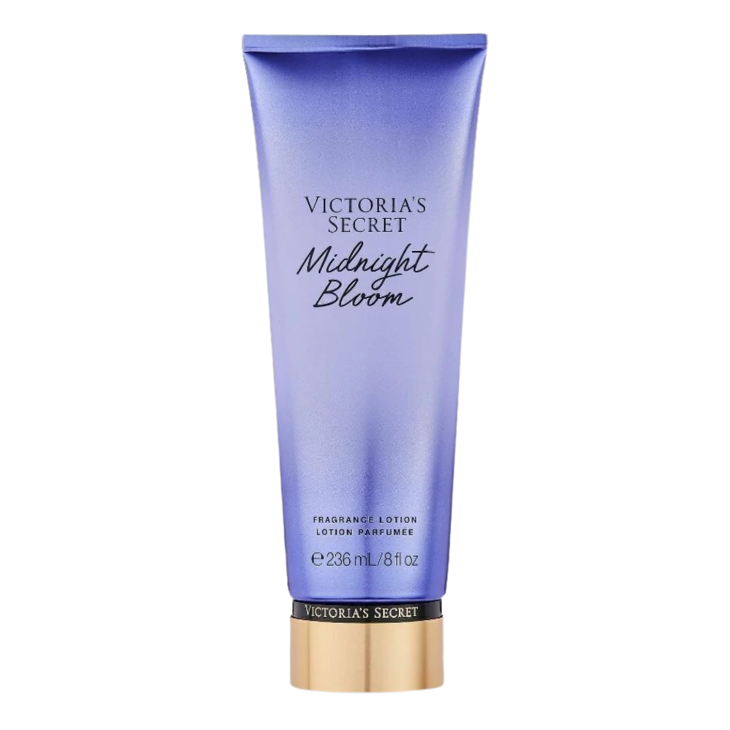 Tubo do hidratante perfumado importado Midnight Bloom Victoria's Secret em tom roxo azulado degradê para lilás, com o nome "VICTORIA'S SECRET Midnight Bloom" em tipografia elegante. A base do tubo é dourada com a marca "VICTORIA'S SECRET" visível. Contém "FRAGRANCE LOTION LOTION PARFUMÉE 236 mL / 8 fl oz", disponível na Velyre.