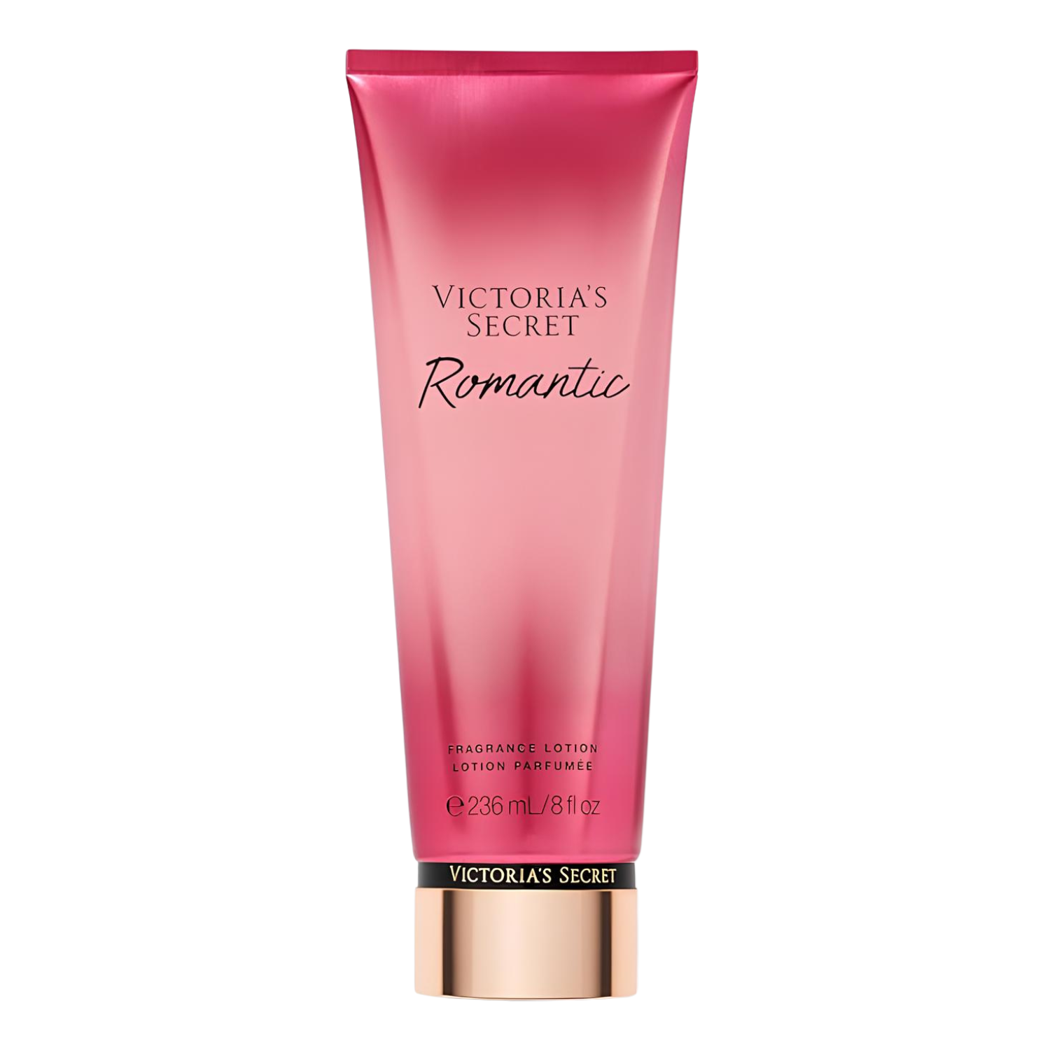 Tubo do hidratante perfumado importado Romantic Victoria's Secret em tom rosa degradê de escuro para claro, com o nome "VICTORIA'S SECRET Romantic" em tipografia elegante. A base do tubo é dourada com a marca "VICTORIA'S SECRET" visível. Contém "FRAGRANCE LOTION LOTION PARFUMÉE 236 mL / 8 fl oz", disponível na Velyre.