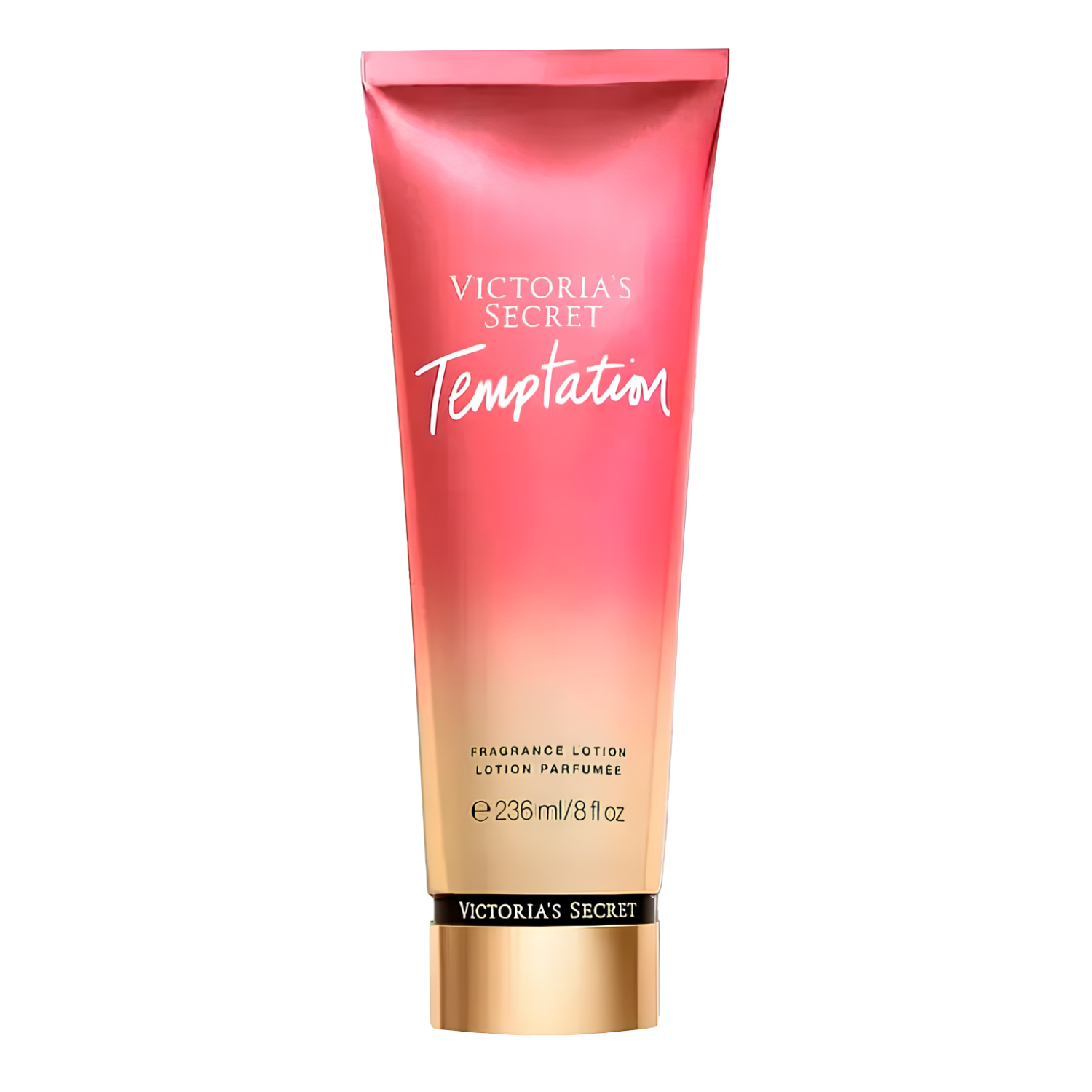 Tubo do hidratante perfumado importado Temptation Victoria's Secret em tom rosa avermelhado degradê para pêssego, com o nome "VICTORIA'S SECRET Temptation" em tipografia elegante. A base do tubo é dourada com a marca "VICTORIA'S SECRET" visível. Contém "FRAGRANCE LOTION LOTION PARFUMÉE 236 mL / 8 fl oz", disponível na Velyre.