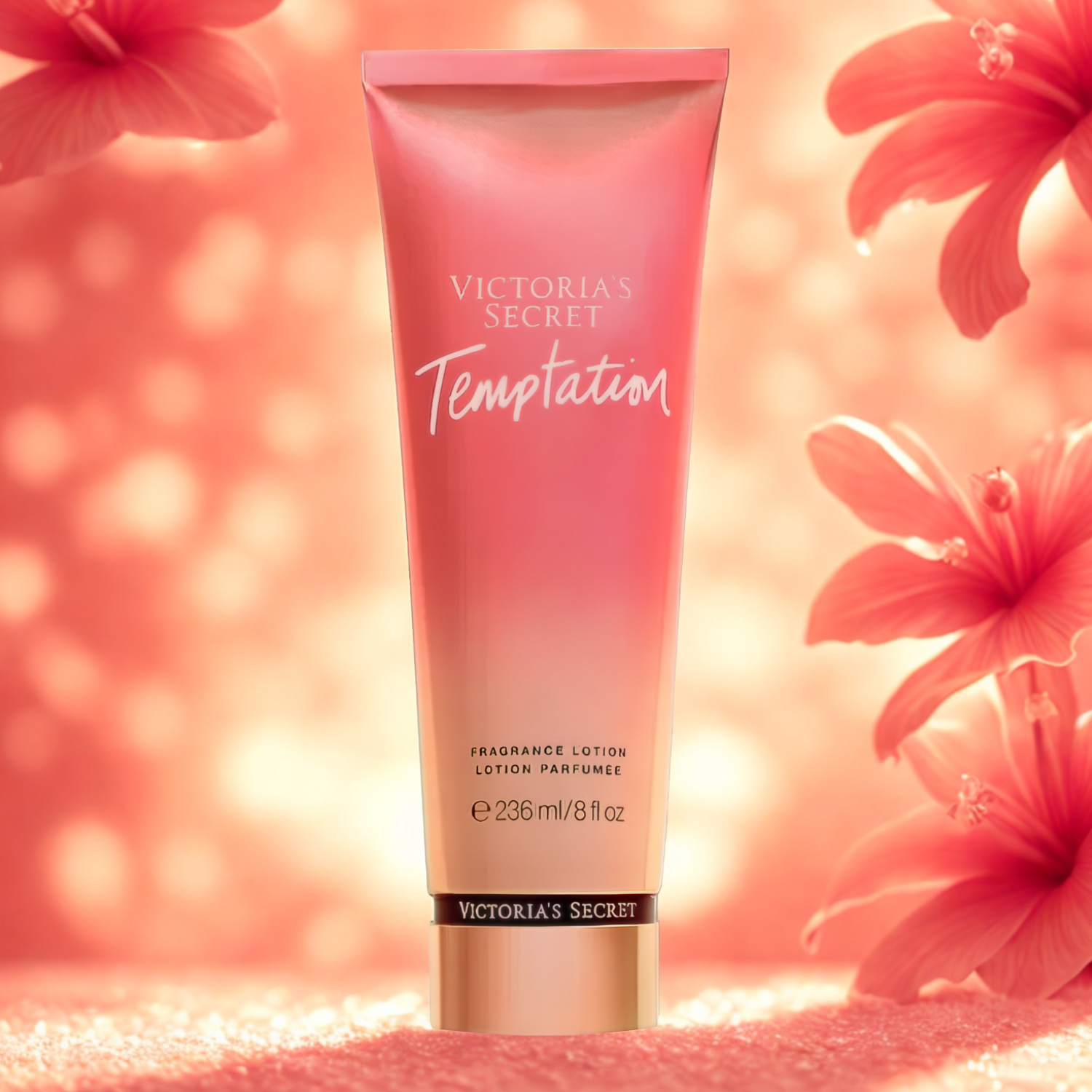 Tubo do hidratante perfumado importado Temptation Victoria's Secret em destaque em um ambiente vibrante com flores corais em tons quentes ao fundo, evocando uma fragrância floral frutada e sedutora, disponível na Velyre.