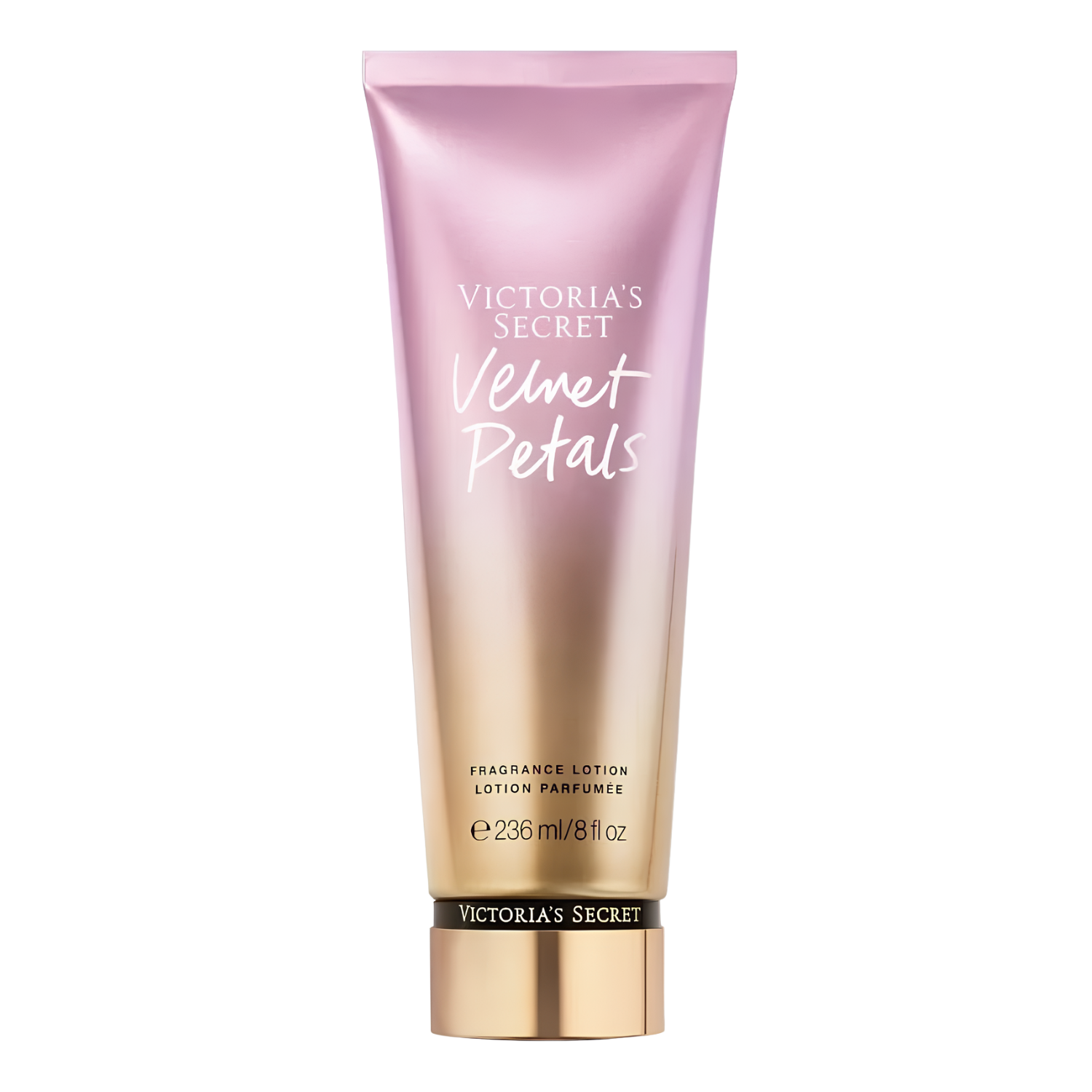 Tubo do hidratante perfumado importado Velvet Petals Victoria's Secret em tom rosa degradê para dourado na base, com o nome "VICTORIA'S SECRET Velvet Petals" em tipografia elegante. A base do tubo é dourada com a marca "VICTORIA'S SECRET" visível. Contém "FRAGRANCE LOTION LOTION PARFUMÉE 236 mL / 8 fl oz", disponível na Velyre.