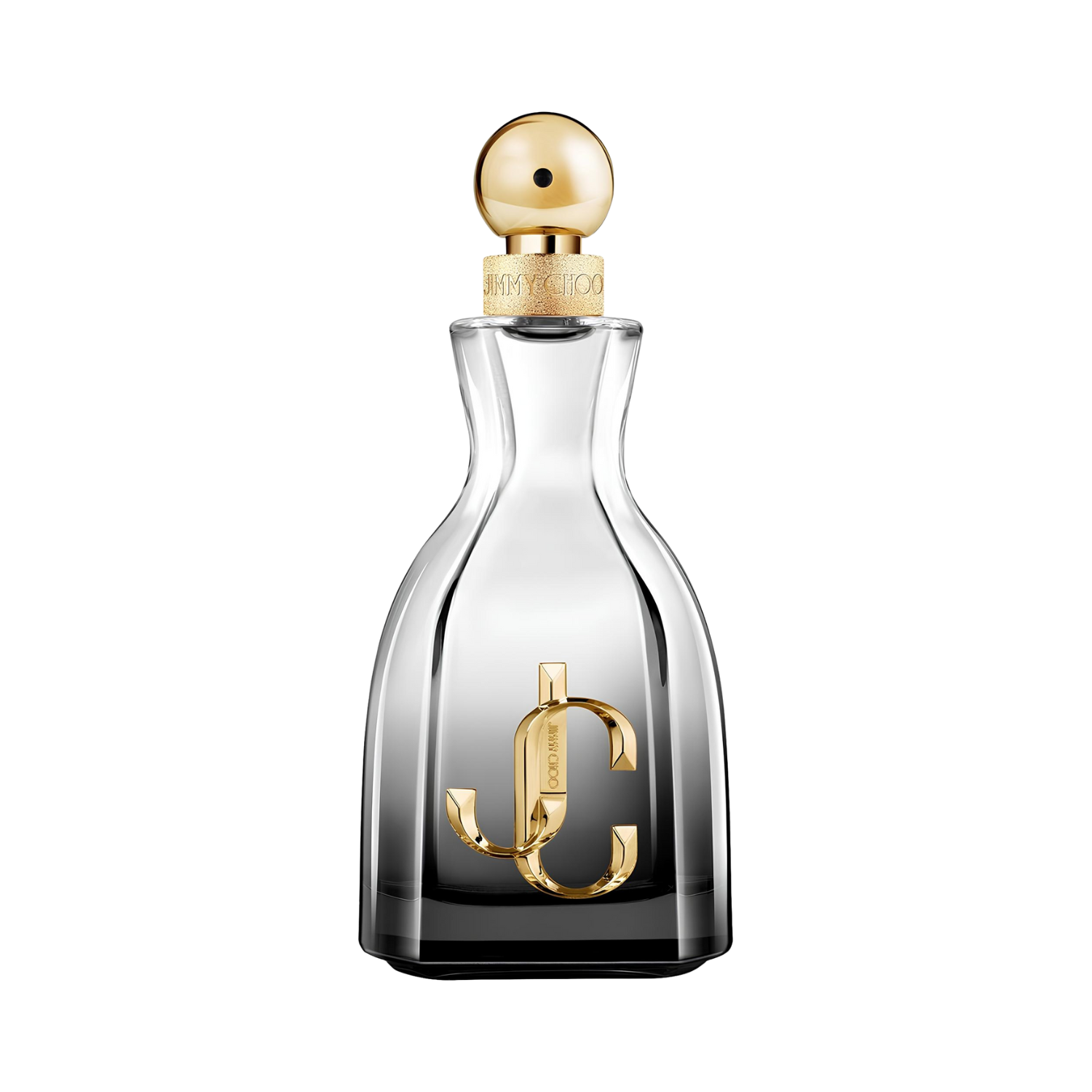 Frasco do perfume feminino I Want Choo Forever Jimmy Choo Eau de Parfum 100ml com design curvilíneo elegante em vidro transparente com degradê para preto na base e líquido champanhe. Apresenta o logo "JC" dourado em destaque na frente, um borrifador dourado e uma tampa esférica dourada com textura facetada.