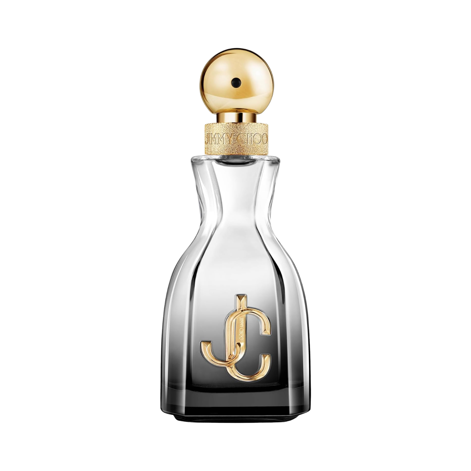 Frasco do perfume feminino I Want Choo Forever Jimmy Choo Eau de Parfum 40ml com design curvilíneo elegante em vidro transparente com degradê para preto na base e líquido champanhe. Apresenta o logo "JC" dourado em destaque na frente, um borrifador dourado e uma tampa esférica dourada com textura facetada.
