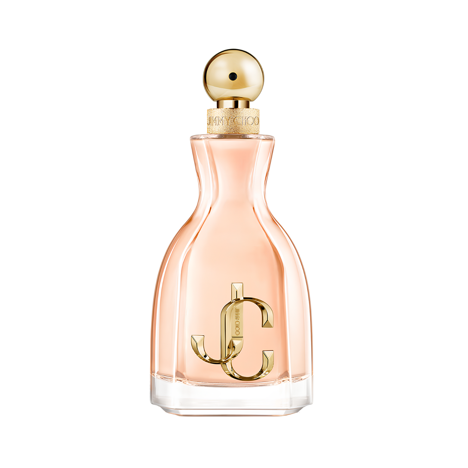 Frasco do perfume feminino I Want Choo Jimmy Choo Eau de Parfum 100ml com design curvilíneo elegante em vidro transparente e líquido pêssego suave. Apresenta o logo "JC" dourado em destaque na frente, um borrifador dourado e uma tampa esférica dourada com textura facetada.