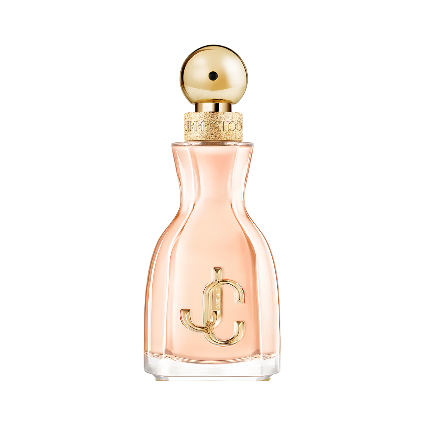Frasco do perfume feminino I Want Choo Jimmy Choo Eau de Parfum 40ml com design curvilíneo elegante em vidro transparente e líquido pêssego suave. Apresenta o logo "JC" dourado em destaque na frente, um borrifador dourado e uma tampa esférica dourada com textura facetada.