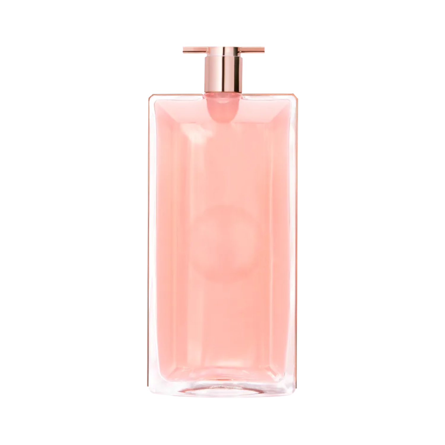 Frasco retangular e sofisticado de perfume com líquido rosa-claro, tampa metálica rosé e design minimalista, sobre fundo transparente quadriculado.