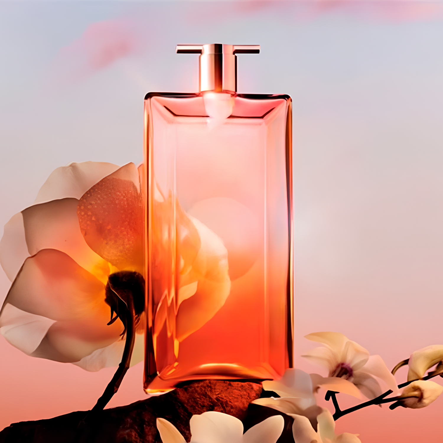 Frasco de perfume rosa retangular com tampa rosé posicionado entre flores brancas sob uma luz suave de pôr do sol, transmitindo elegância e feminilidade.