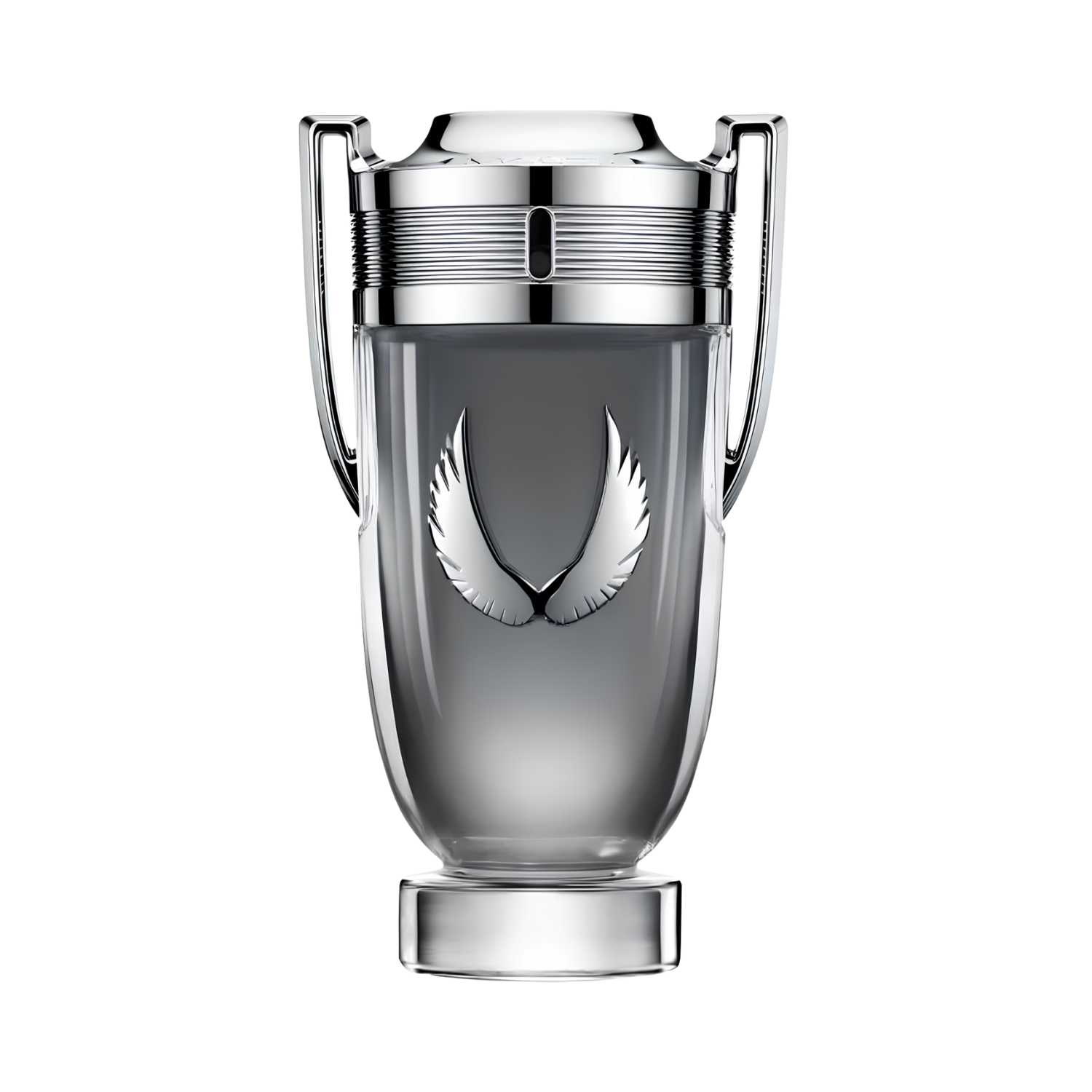 Frasco do perfume masculino Invictus Platinum Rabanne Eau de Parfum 200ml com design de troféu em vidro transparente e líquido em tom cinza escuro, com asas prateadas em relevo no centro. Possui alças laterais e tampa em metal prateado, com detalhes ranhurados.