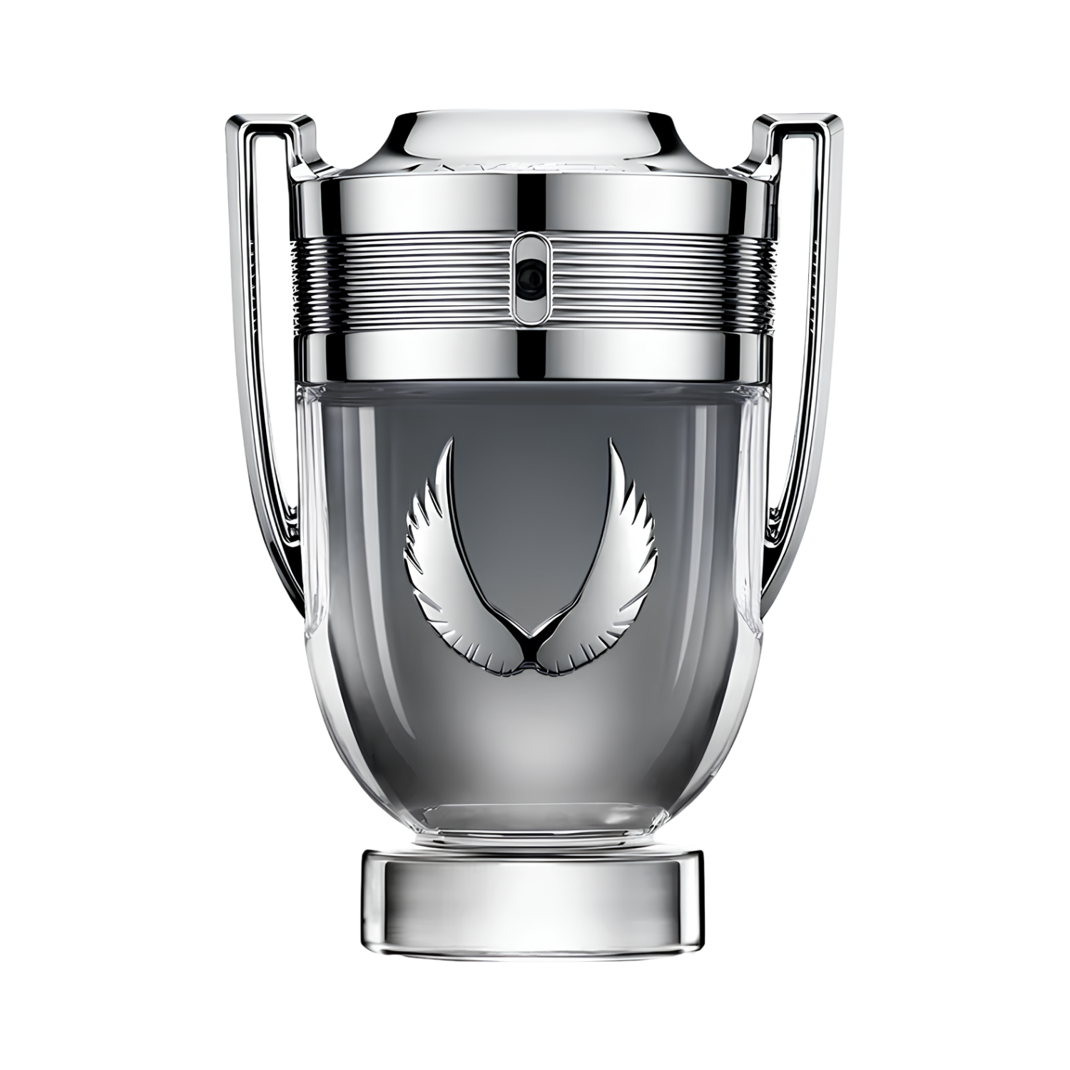 Frasco do perfume masculino Invictus Platinum Rabanne Eau de Parfum 50ml com design de troféu em vidro transparente e líquido em tom cinza escuro, com asas prateadas em relevo no centro. Possui alças laterais e tampa em metal prateado, com detalhes ranhurados.