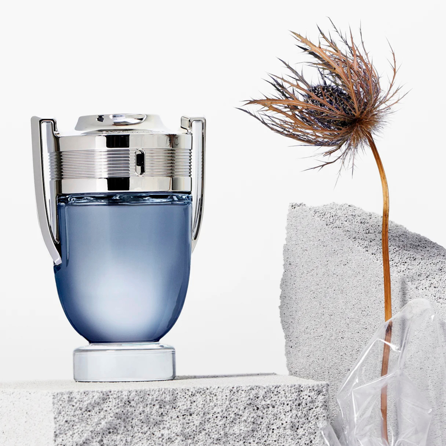 Perfume importado masculino Invictus Rabanne em destaque em um cenário com pedras brancas e uma planta seca de aparência forte, transmitindo a ideia de força e natureza rústica da fragrância, disponível na Velyre.