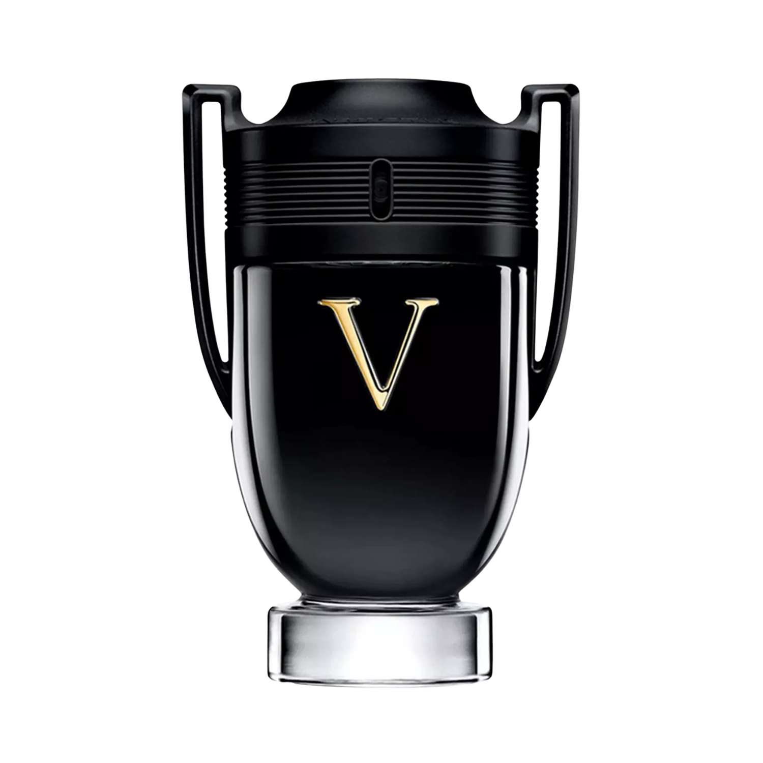 Frasco do perfume importado masculino Invictus Victory Rabanne Eau de Parfum com design em forma de troféu, corpo em vidro preto brilhante com um "V" dourado centralizado, tampa e detalhes superiores em preto fosco e alças laterais estilizadas, disponível na Velyre.