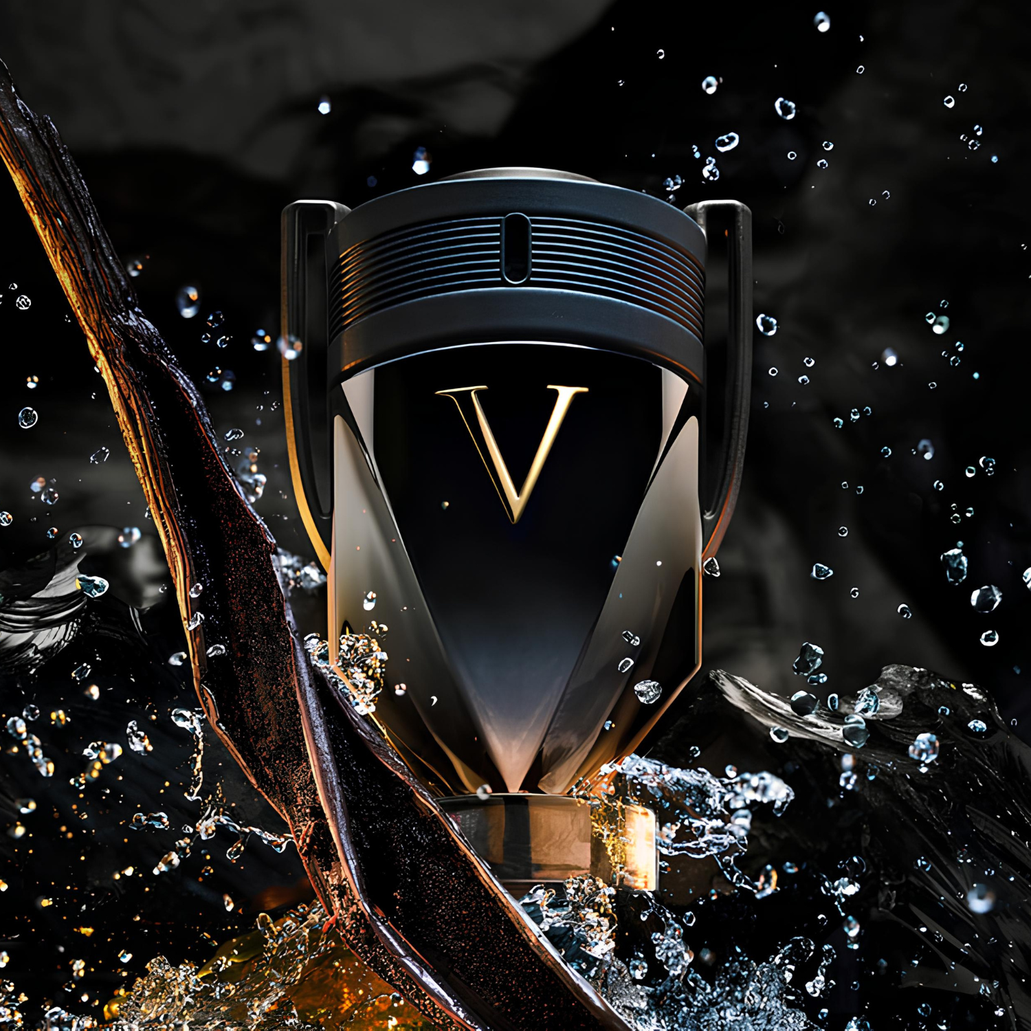 Perfume importado masculino Invictus Victory Rabanne com respingos dinâmicos de água ao redor, sugerindo frescor e a energia da vitória, disponível na Velyre.