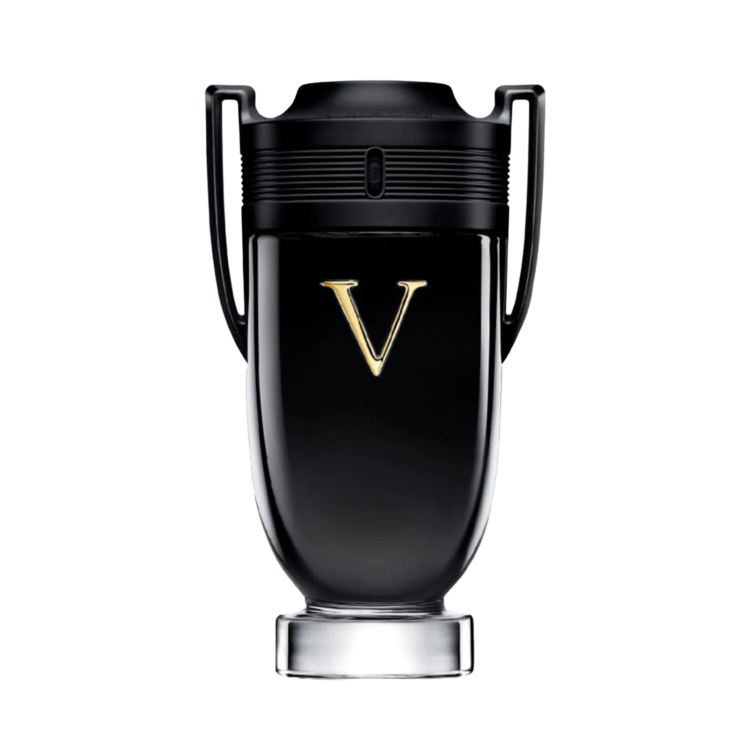 Frasco do perfume importado masculino Invictus Victory Rabanne Eau de Parfum com design em forma de troféu, corpo em vidro preto brilhante com um "V" dourado centralizado, tampa e detalhes superiores em preto fosco e alças laterais estilizadas, disponível na Velyre.