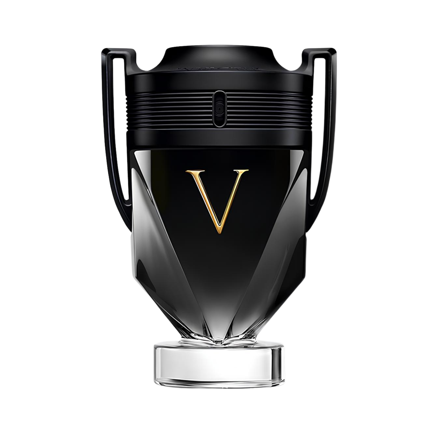 Frasco do perfume importado masculino Invictus Victory Rabanne Eau de Parfum com design em forma de troféu, corpo em vidro preto brilhante com um "V" dourado centralizado, tampa e detalhes superiores em preto fosco e alças laterais estilizadas, disponível na Velyre.
