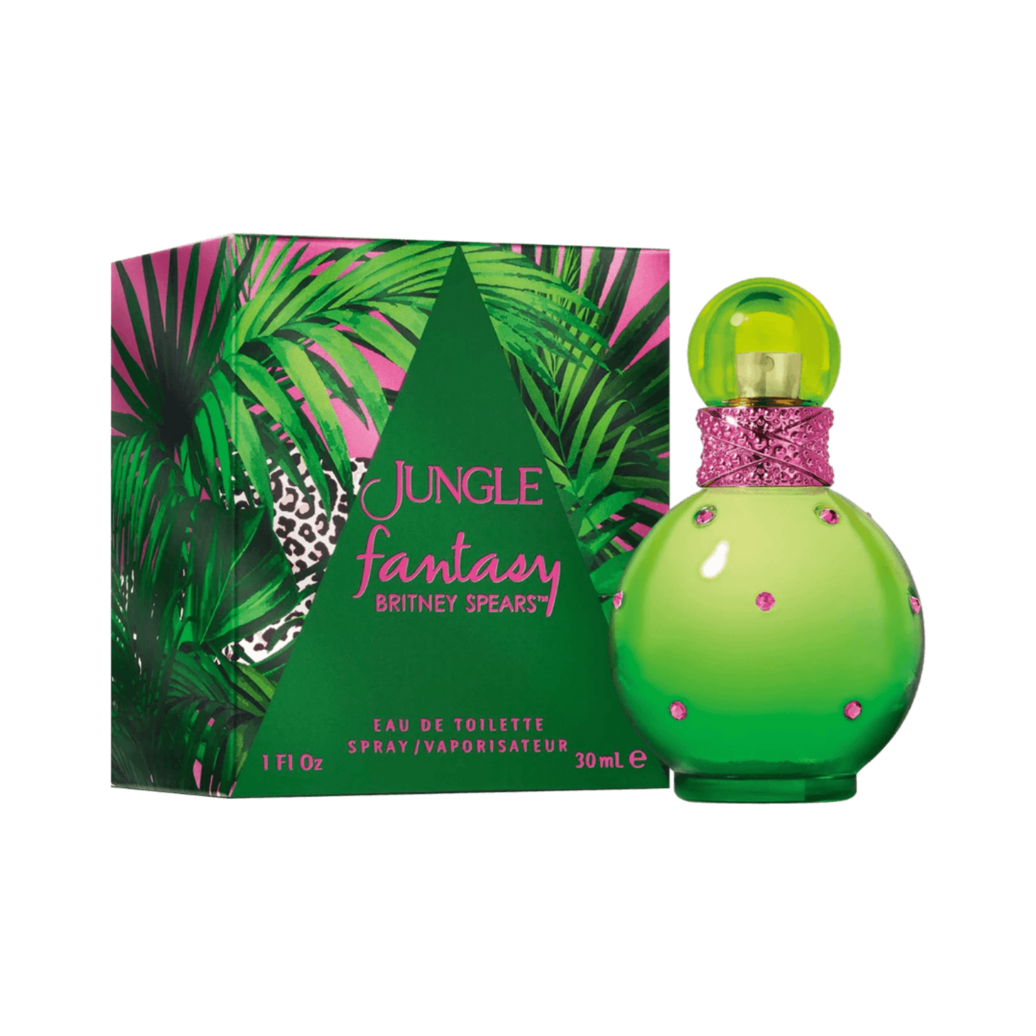 Perfume Jungle Fantasy de Britney Spears com a embalagem ao lado. O frasco verde aparece à direita, e a caixa vibrante com estampas de folhas tropicais em verde e rosa está à esquerda, sobre fundo branco.