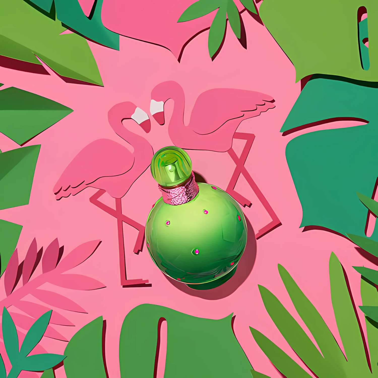 Perfume Jungle Fantasy de Britney Spears deitado sobre fundo rosa decorado com folhas verdes e dois flamingos ilustrados de frente um para o outro, remetendo a um clima tropical e lúdico.