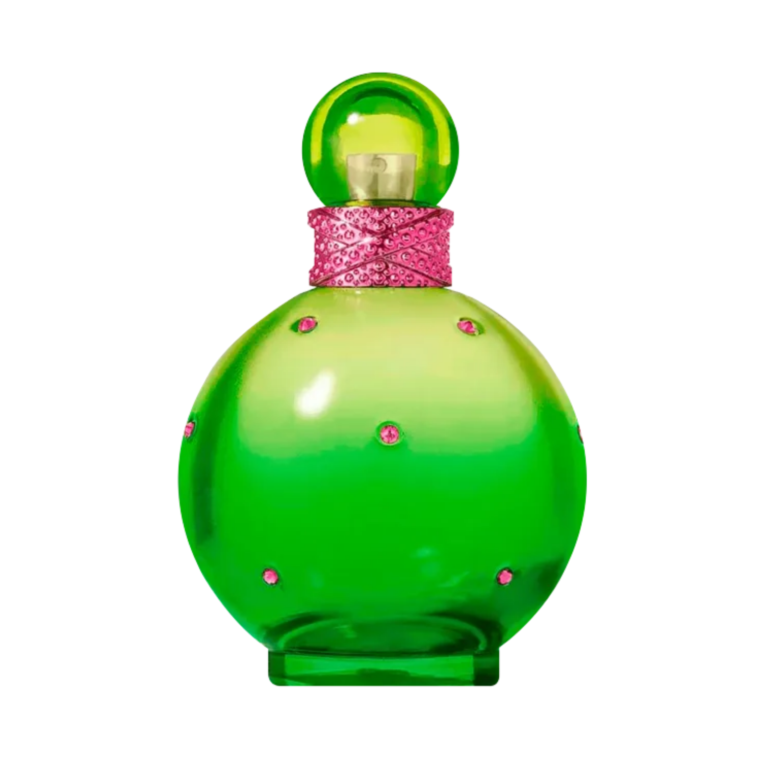 Frasco do perfume Jungle Fantasy de Britney Spears com fundo transparente. O frasco é verde em formato esférico com pedrinhas rosas e tampa arredondada, com colarinho decorado em rosa brilhante.