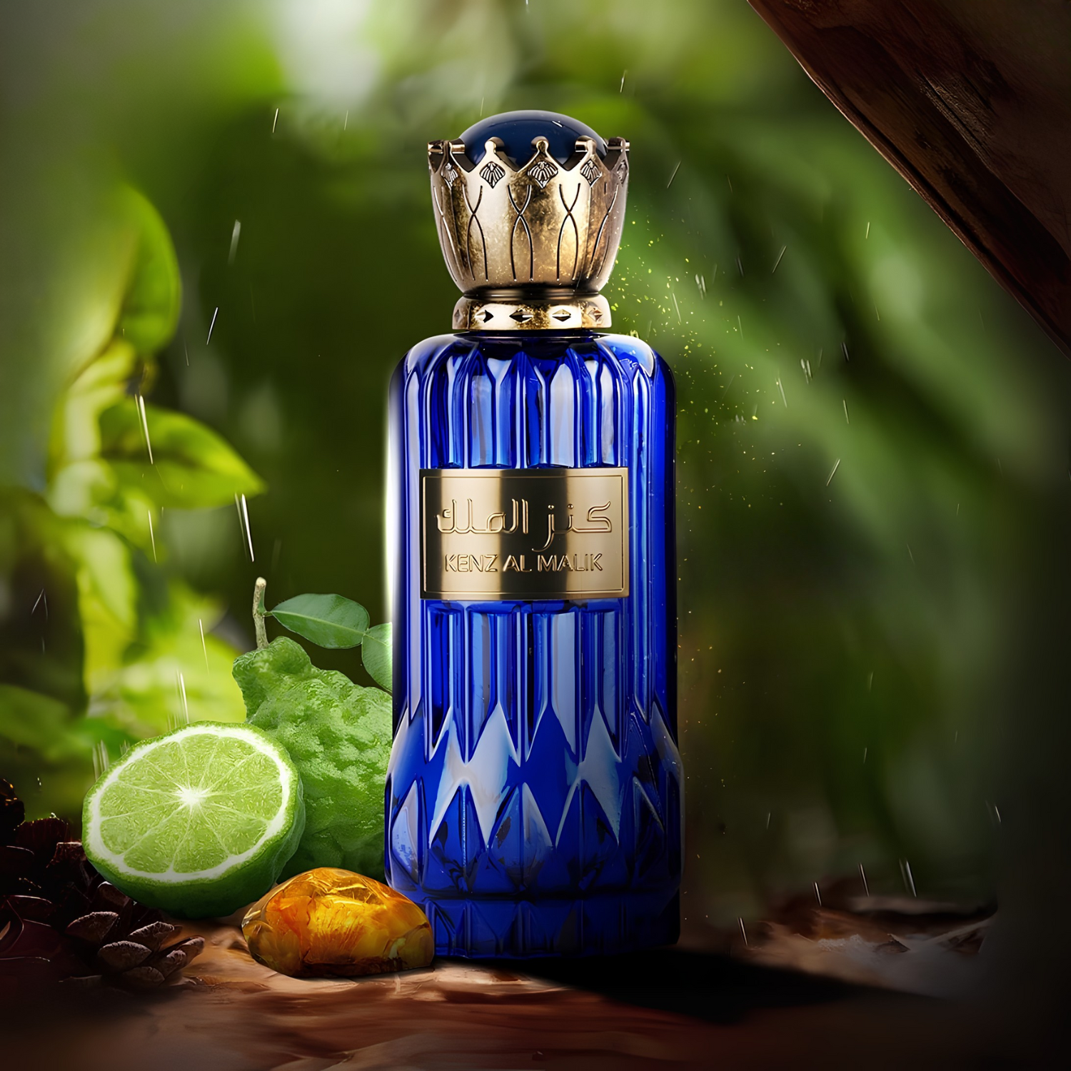 Perfume árabe unissex Kenz Al Malik Al Wataniah, disponível na Velyre, em destaque em ambiente natural com folhas verdes exuberantes, metade de limão verde e fruta amarelada, sugerindo notas frescas e cítricas.