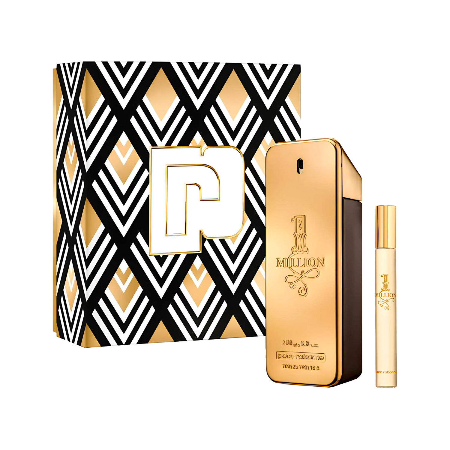 Kit masculino importado One Million Rabanne, disponível na Velyre, contendo o perfume Eau de Toilette de 200ml com frasco em formato de barra de ouro, um travel size de 10ml com design similar, e a embalagem com padrões geométricos em preto, branco e dourado, além do logo "P".