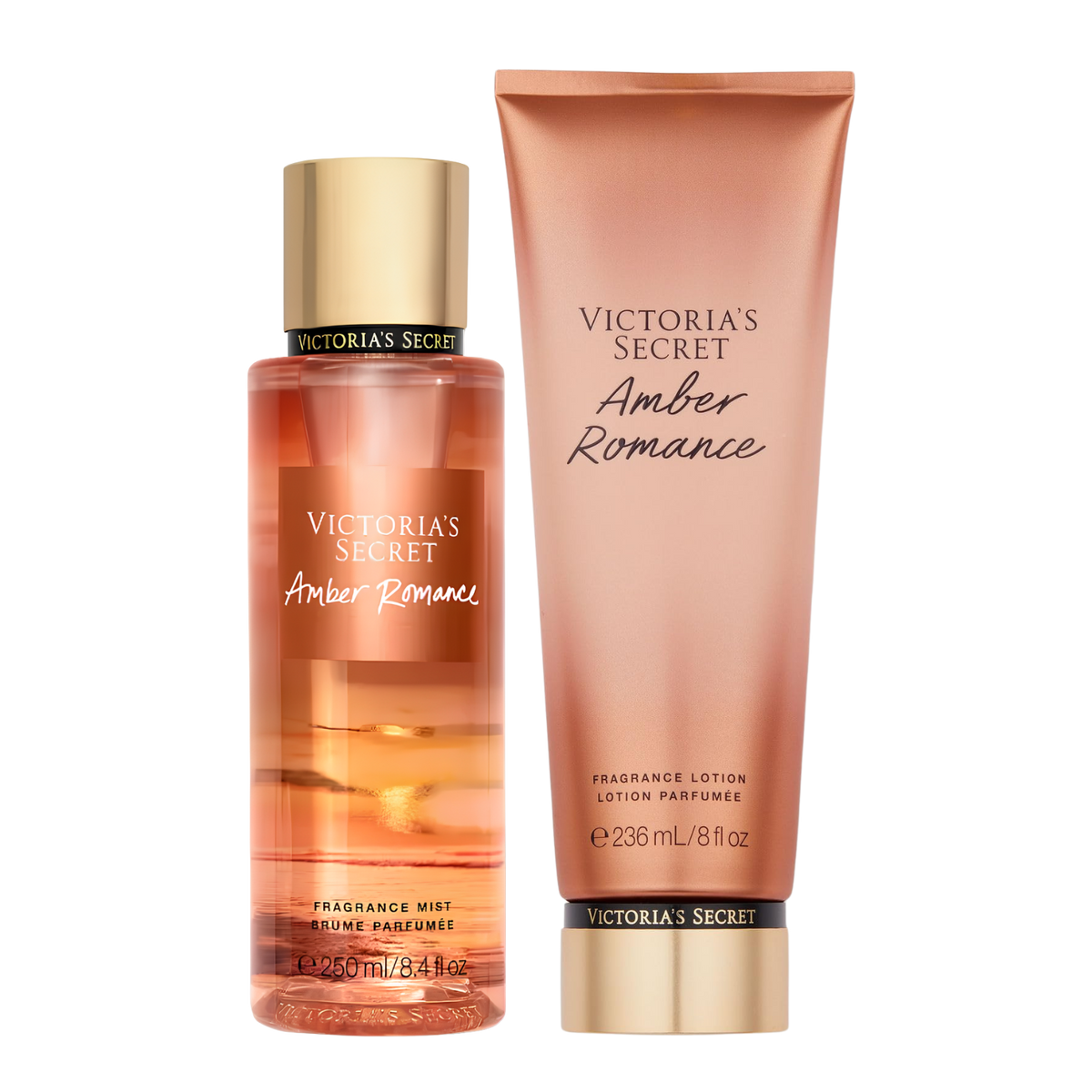 Kit de body splash e hidratante perfumado importado Amber Romance Victoria's Secret, disponíveis na Velyre. A imagem mostra o frasco de body splash âmbar translúcido com tampa dourada e o tubo de loção perfumada em tom âmbar-rosado com base dourada.